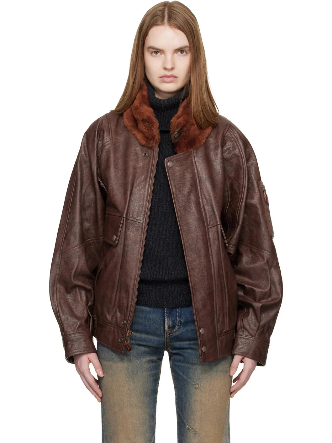 Brown Shearling Collar Flight Leather Jacket - 1