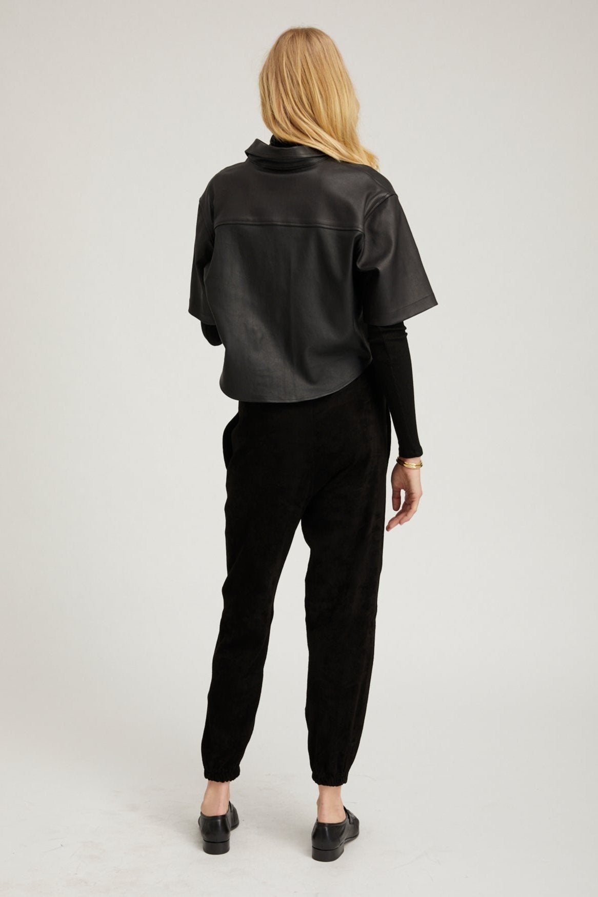 BLACK LEATHER CROPPED OVERSIZED HENLEY SHIRT - 4