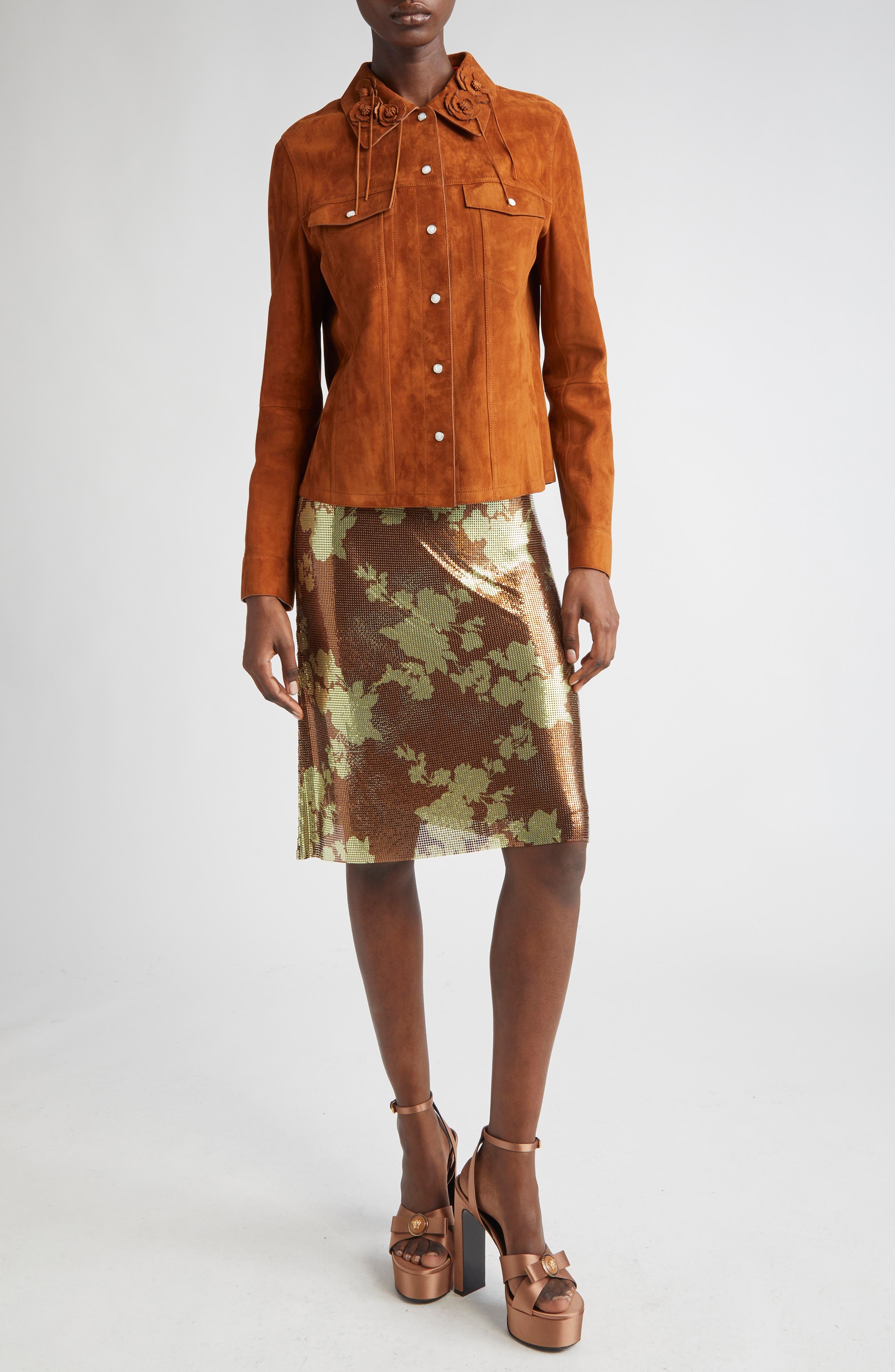 Versace Floral Appliqué Suede Jacket in Tobacco at Nordstrom - 2