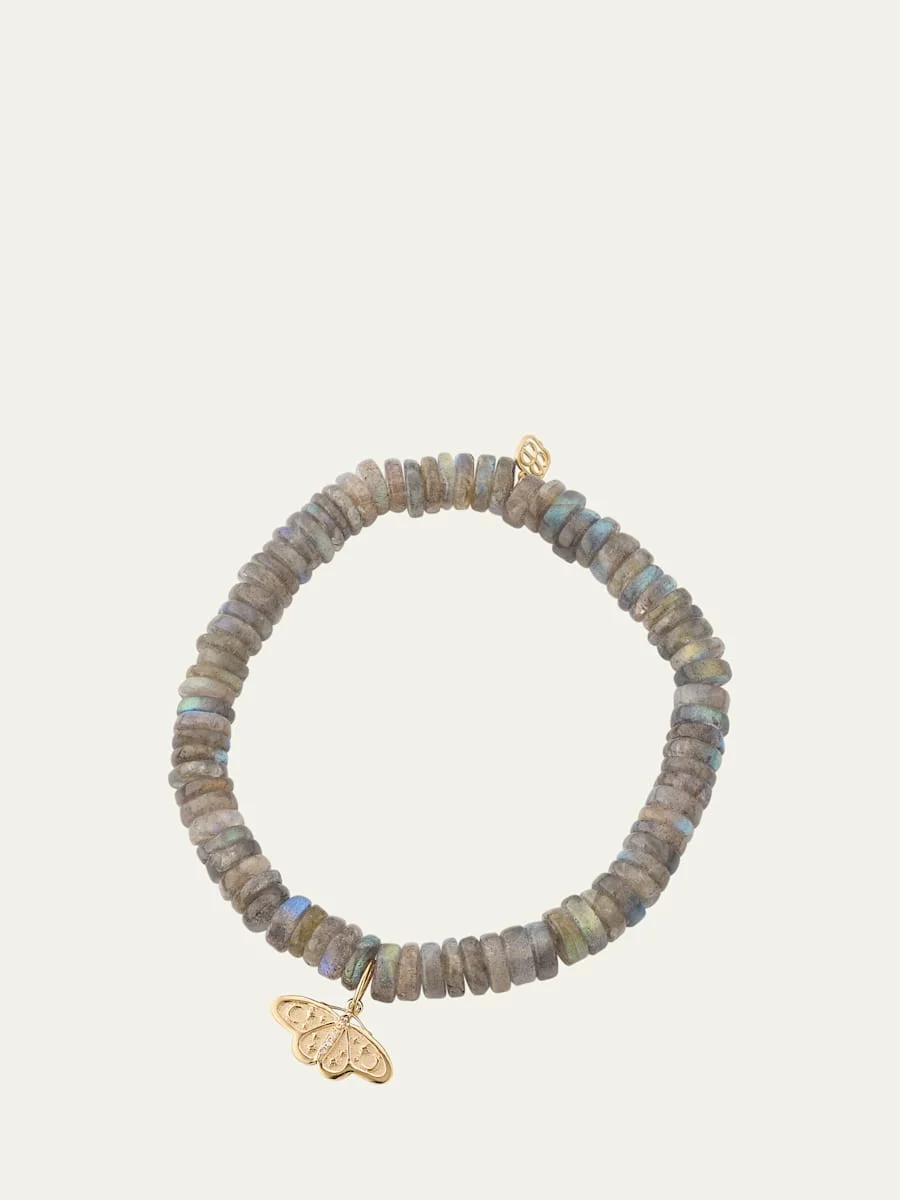 14K Diamond Celestial Moth Charm on Labradorite Stretch Bracelet - 1