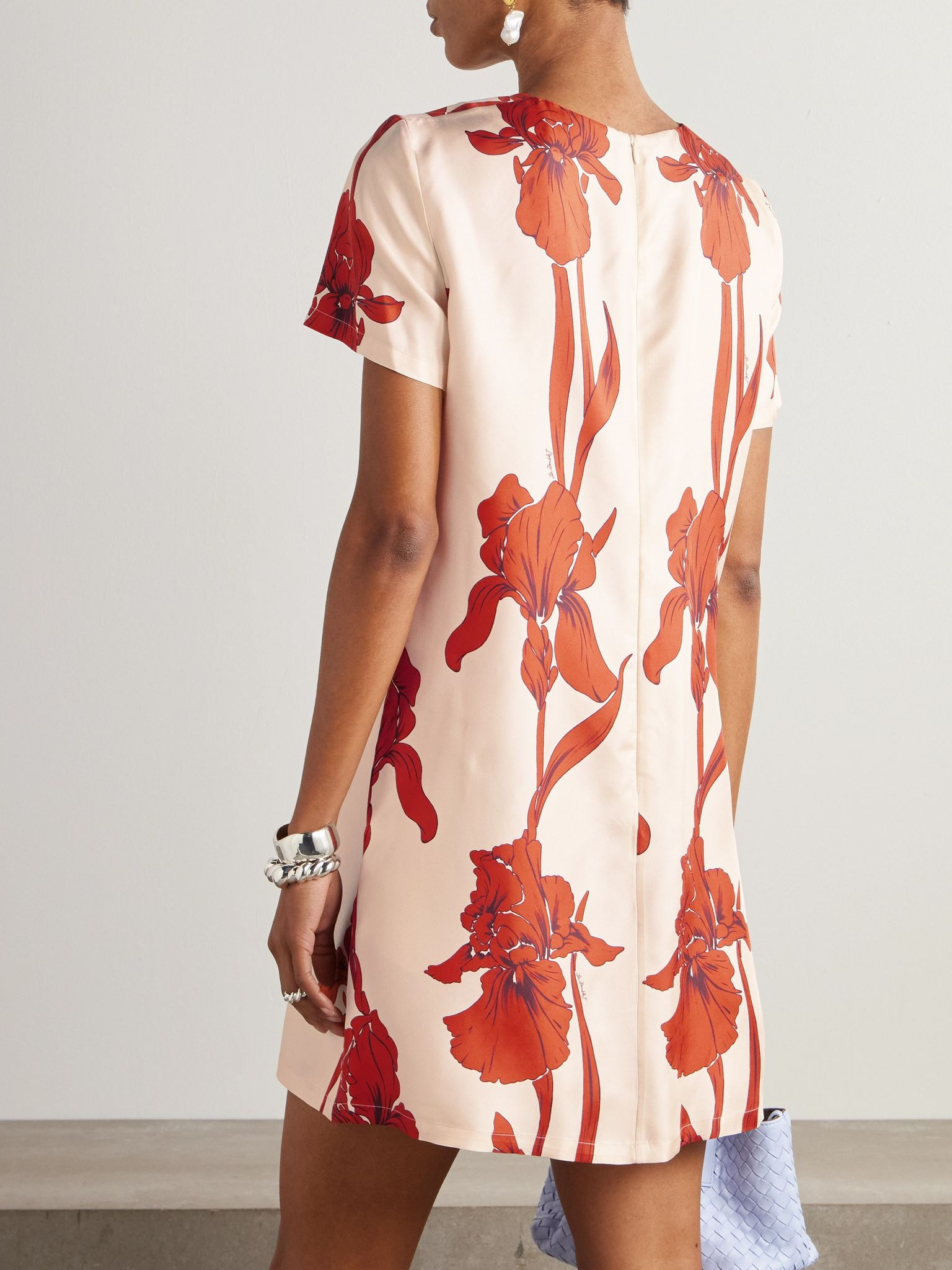 Floral-print silk-twill mini dress Cream - 3