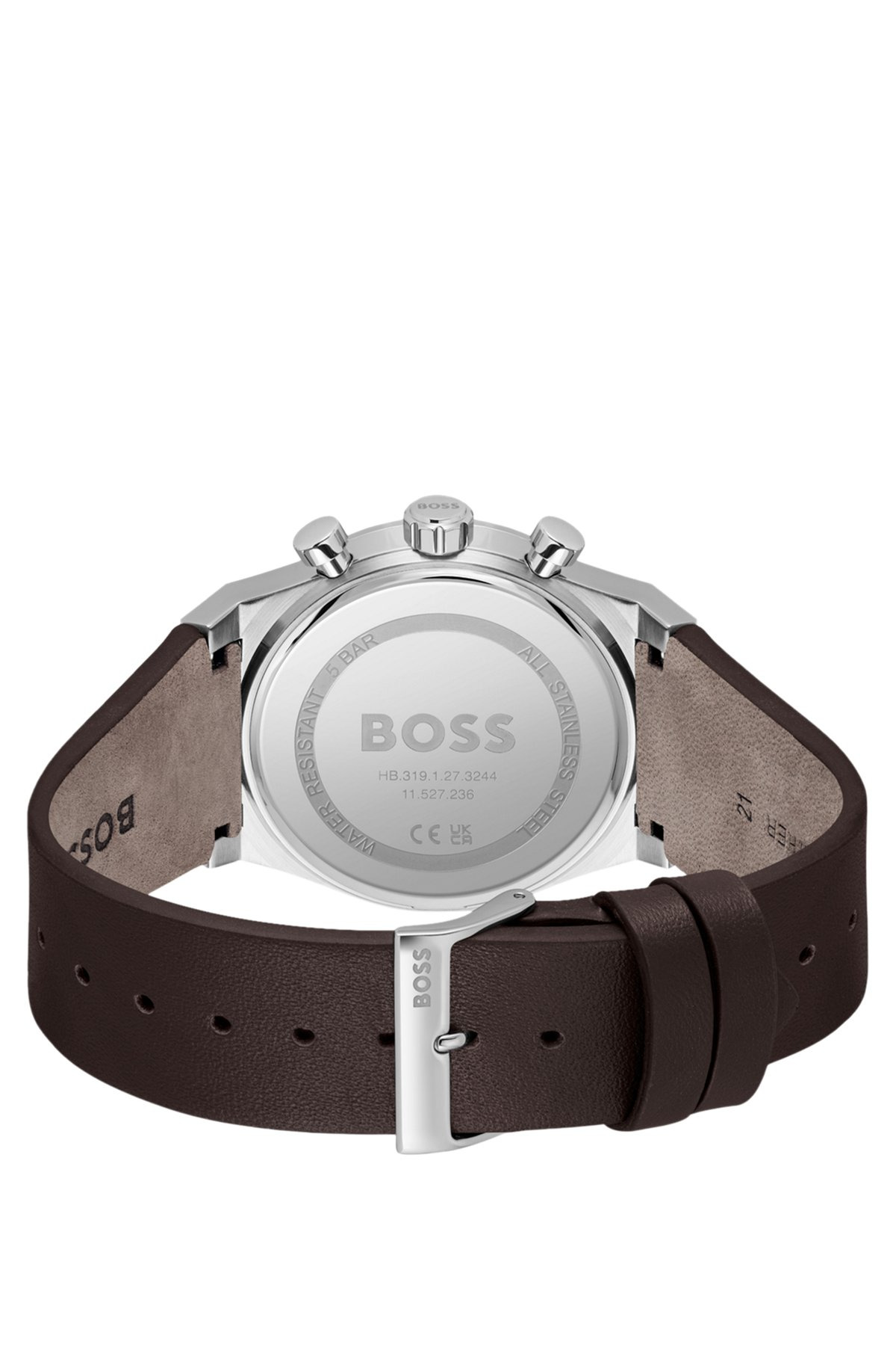SILVER-TONE CHRONOGRAPH WATCH WITH BROWN LEATHER STRAP - 3