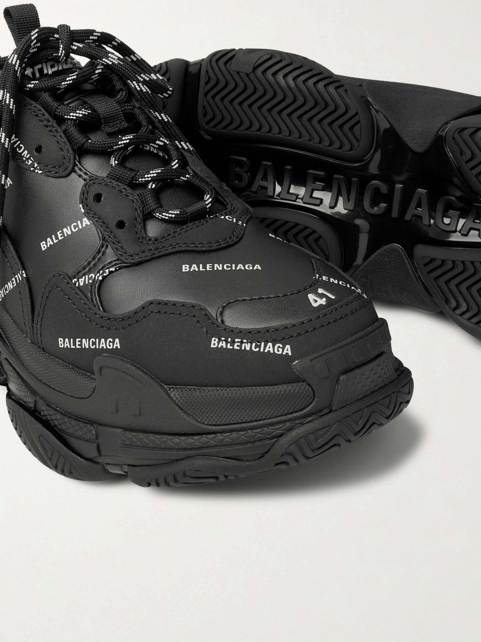 Triple S Logo-Print Faux Leather Sneakers Black - 6