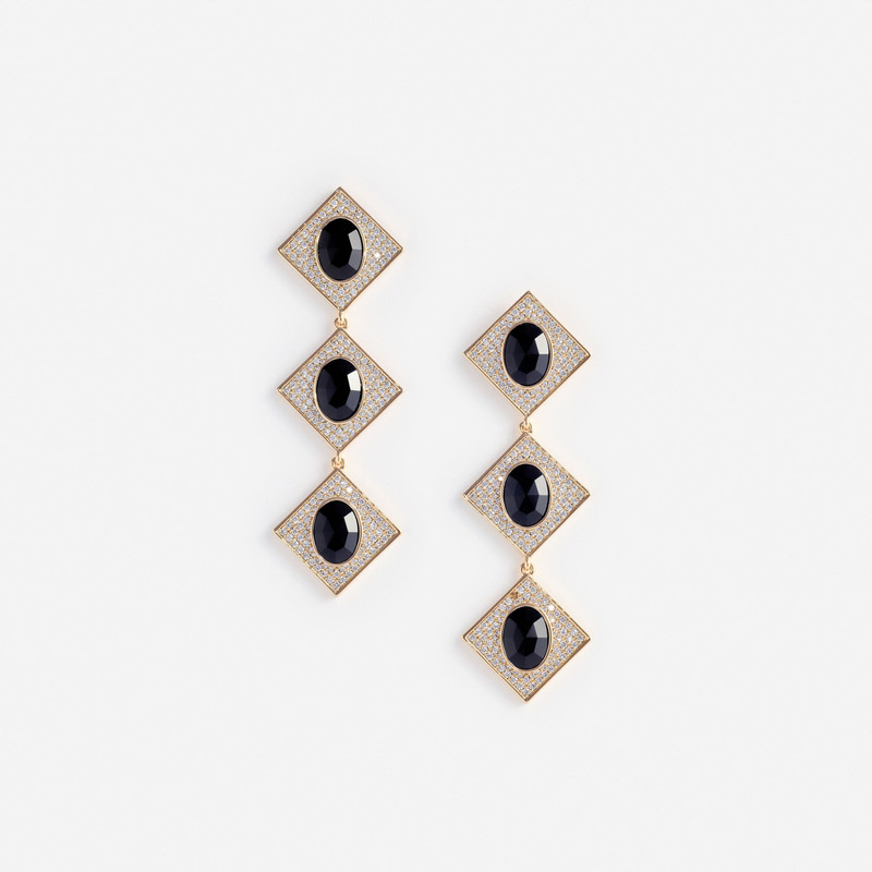 Gold Crystal Black Tiered Earrings - 1