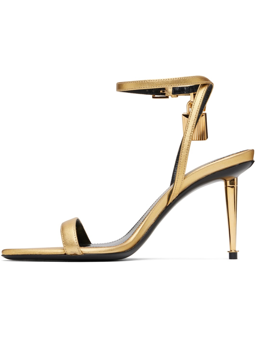 Gold Padlock Pointy Naked Heeled Sandals - 3