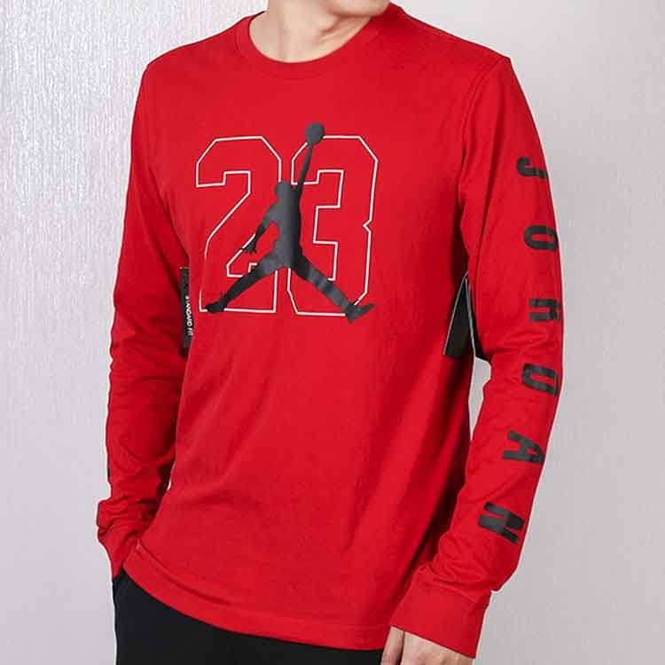 Air Jordan Large Logo Basketball Numeric Casual Breathable Sports Round Neck Long Sleeves Red AQ3702 - 4