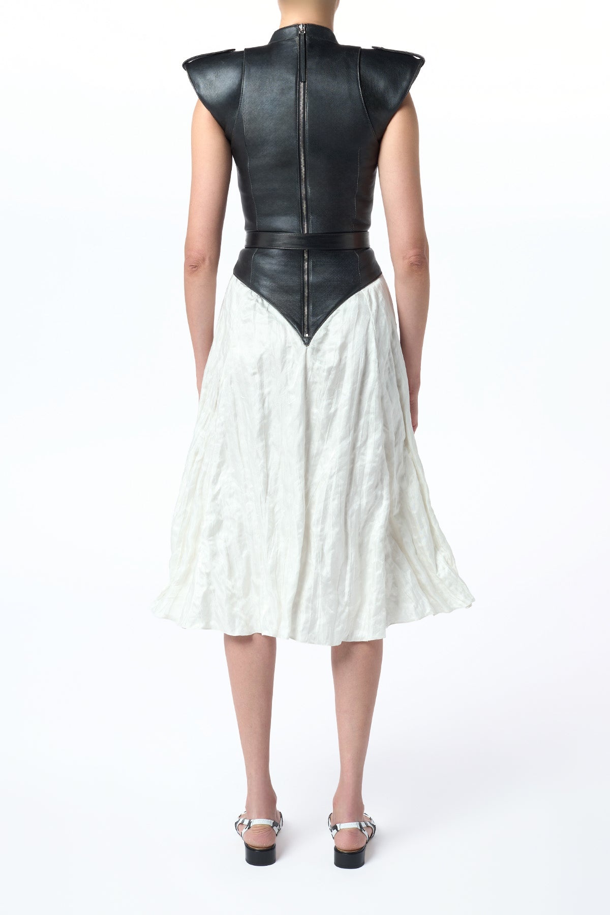 Athena Moto Midi Dress in Black Leather & Ivory Metallic Crinkled Silk - 7