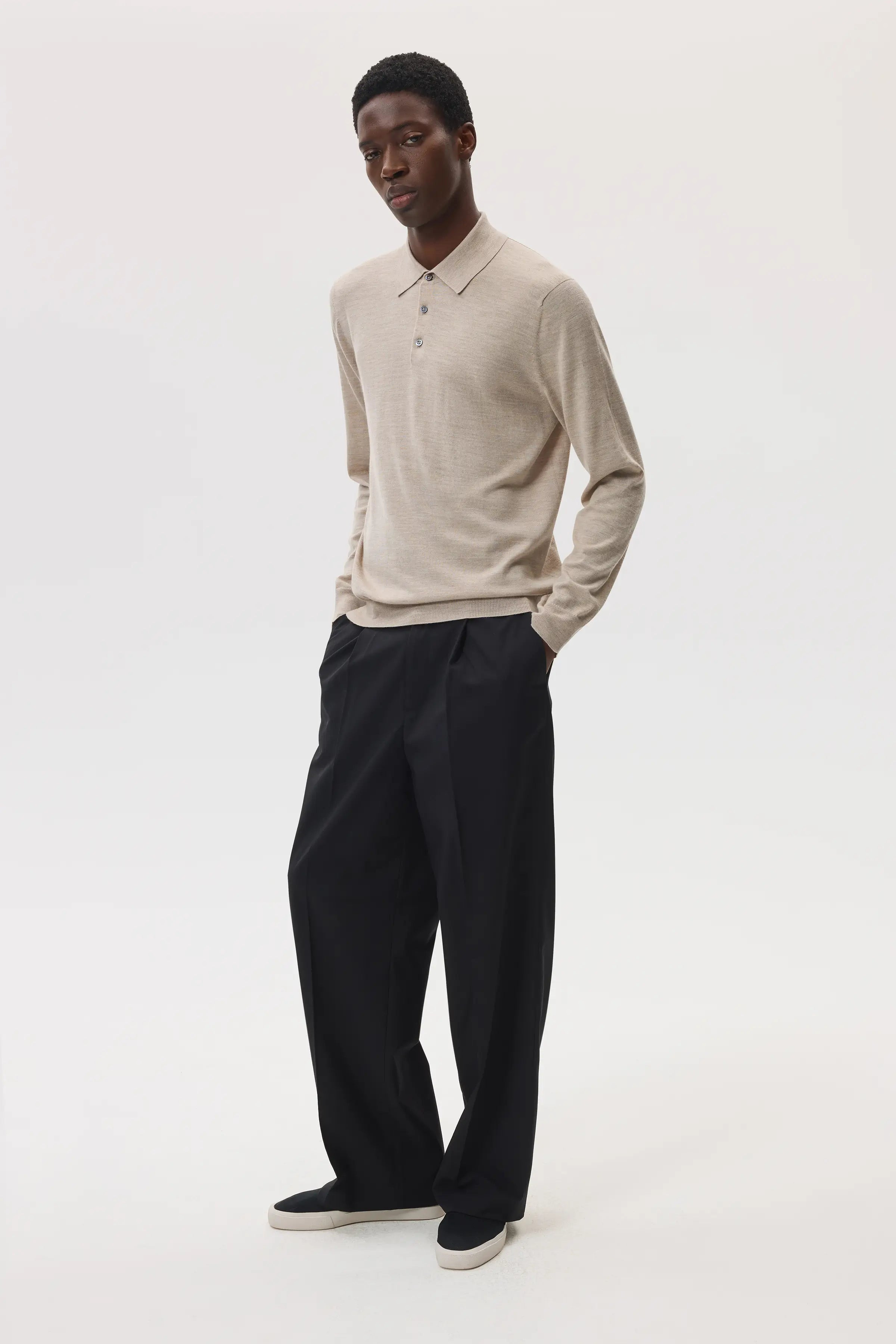Merino Long Sleeve Natural Polo Shirt - 2
