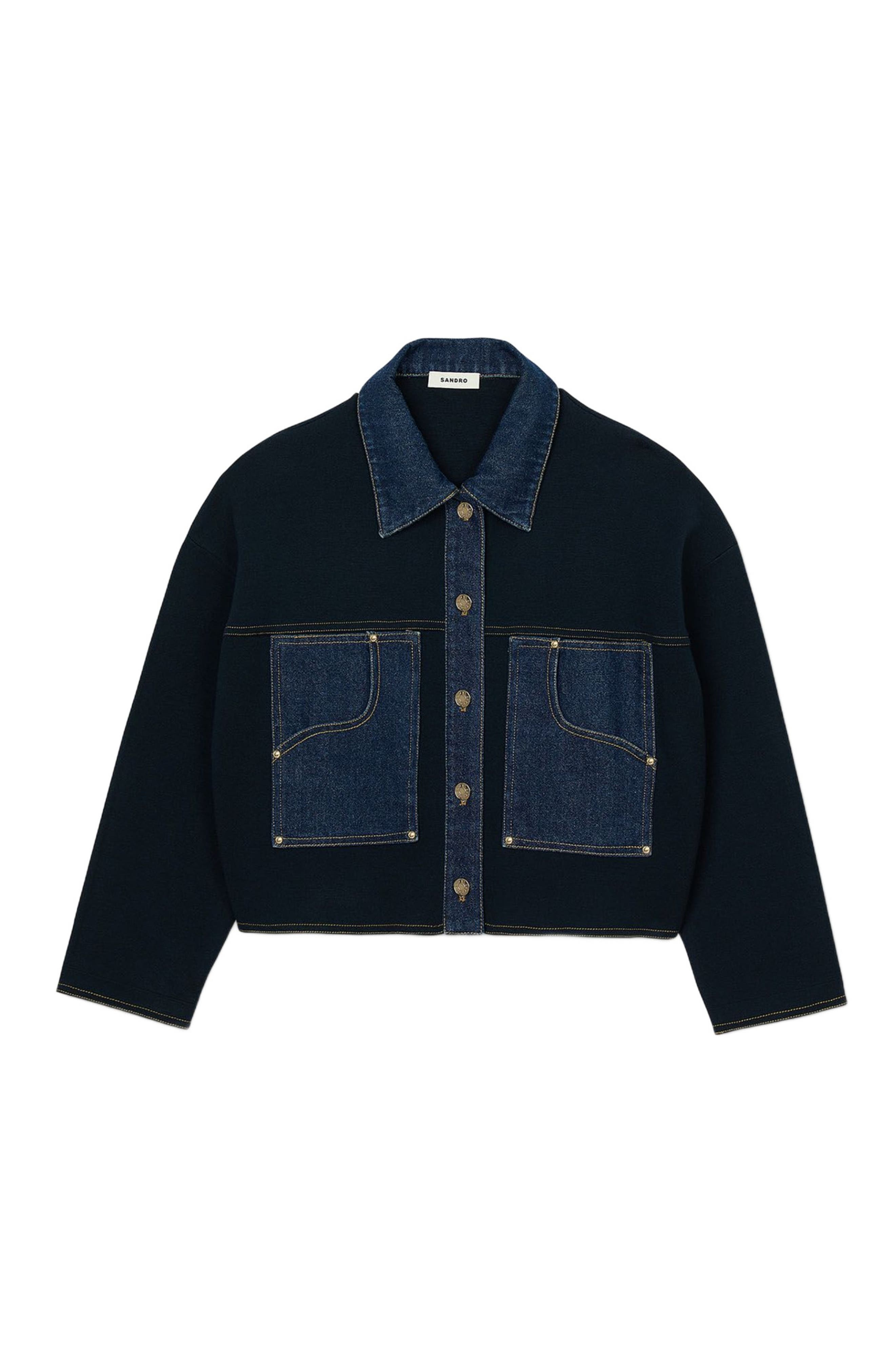 SANDRO Denim detail cardigan in Navy Blue at Nordstrom - 5