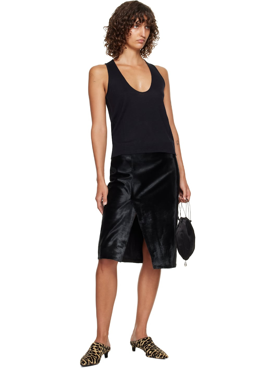 Black Myra Asymmetrical Pony-Effect Leather Midi Skirt - 4