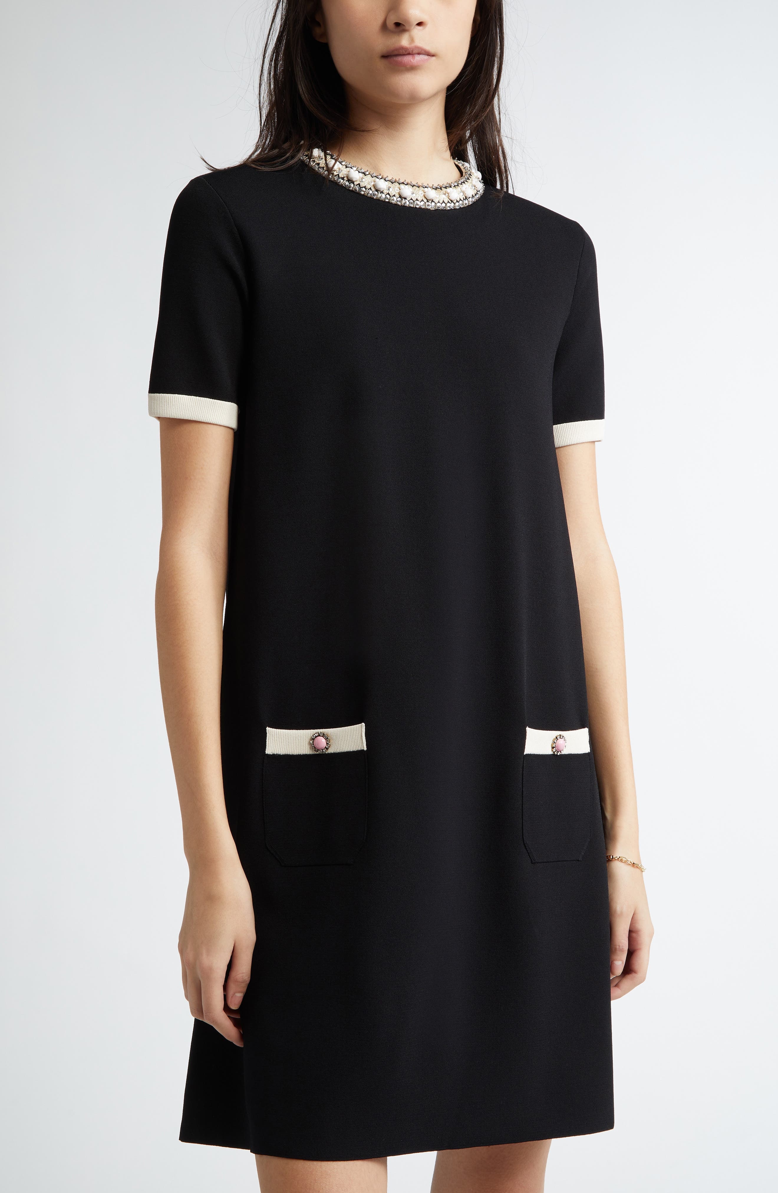 Valentino Garavani Embellished Trim Minidress in Ivory/Black at Nordstrom - 4