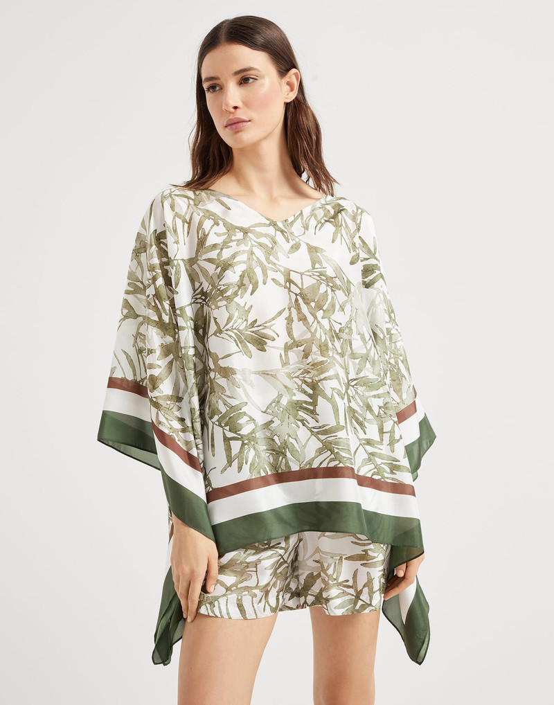 Silk herbarium print pongee top with monili 1