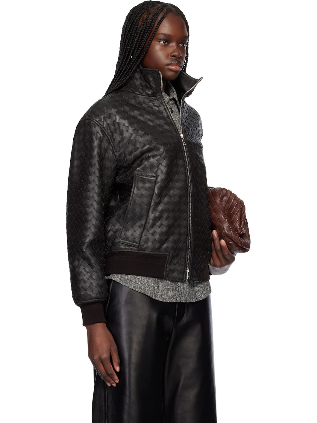 Brown Intrecciato Leather Jacket - 2