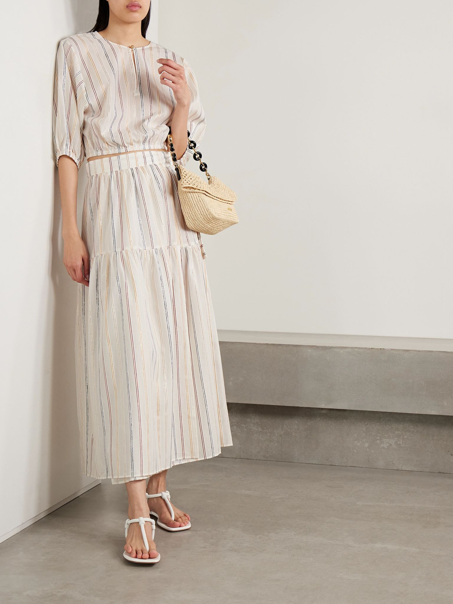 Irisée Brillante metallic striped cotton-blend voile maxi wrap skirt Off-white - 2