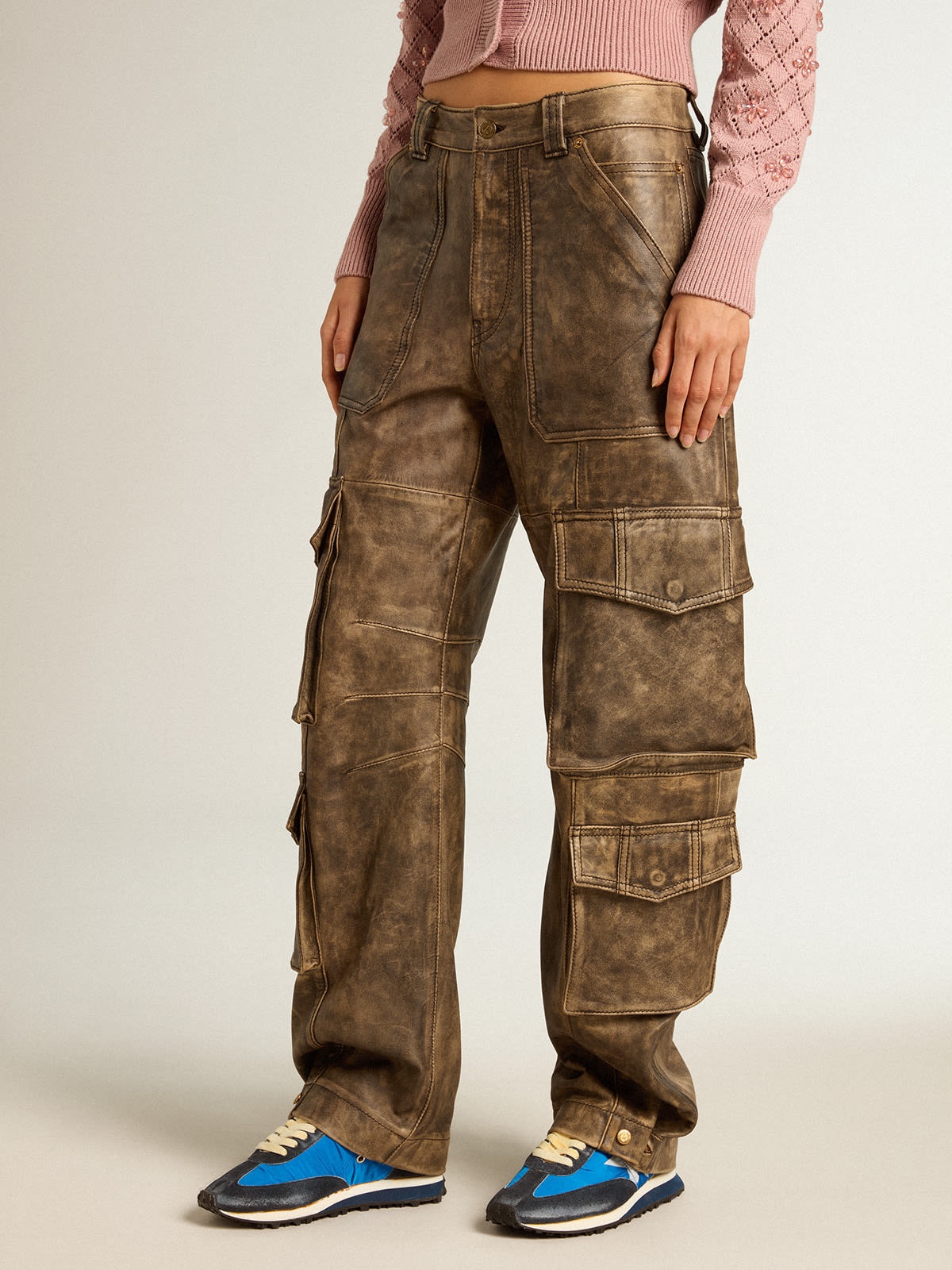 Women's aged brown nappa leather cargo pants - 2