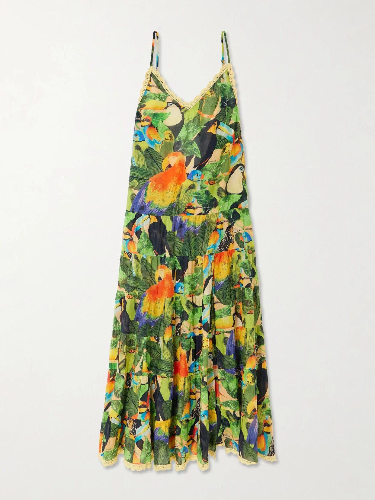 Bird Leaves Crochet-trimmed Tiered Printed Cotton Maxi Dress - 1