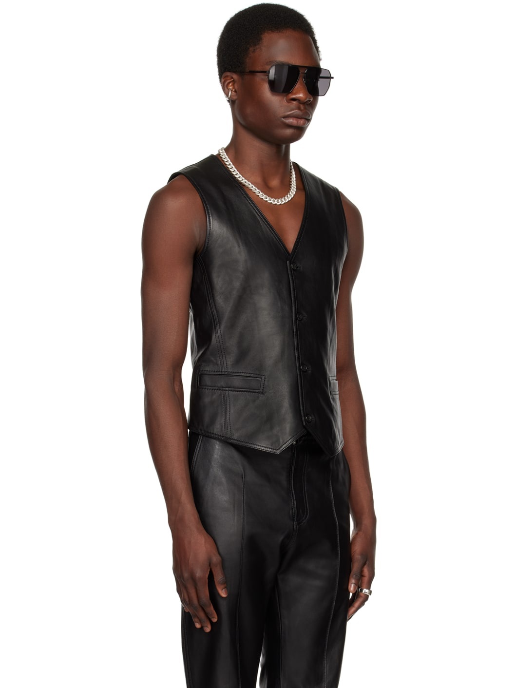 Black Tailored Leather Waistcoat - 4