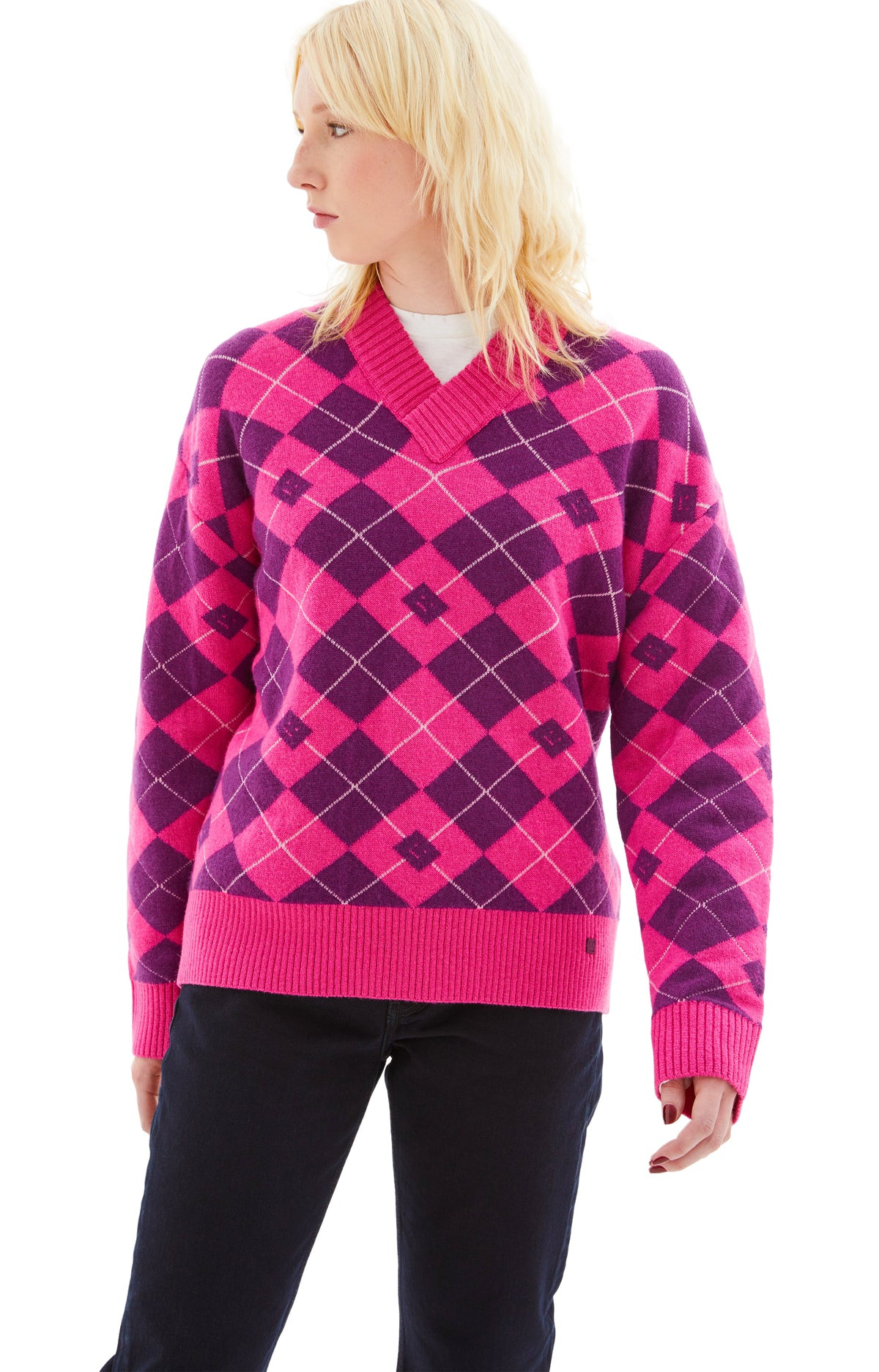 V-NECK PRINTED SWEATER (PINK/PURPLE) - 2