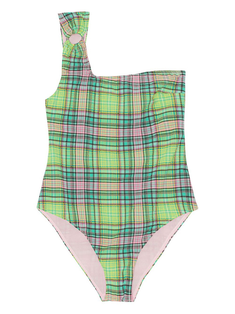 one-shoulder plaid-patterned swimsuit 1