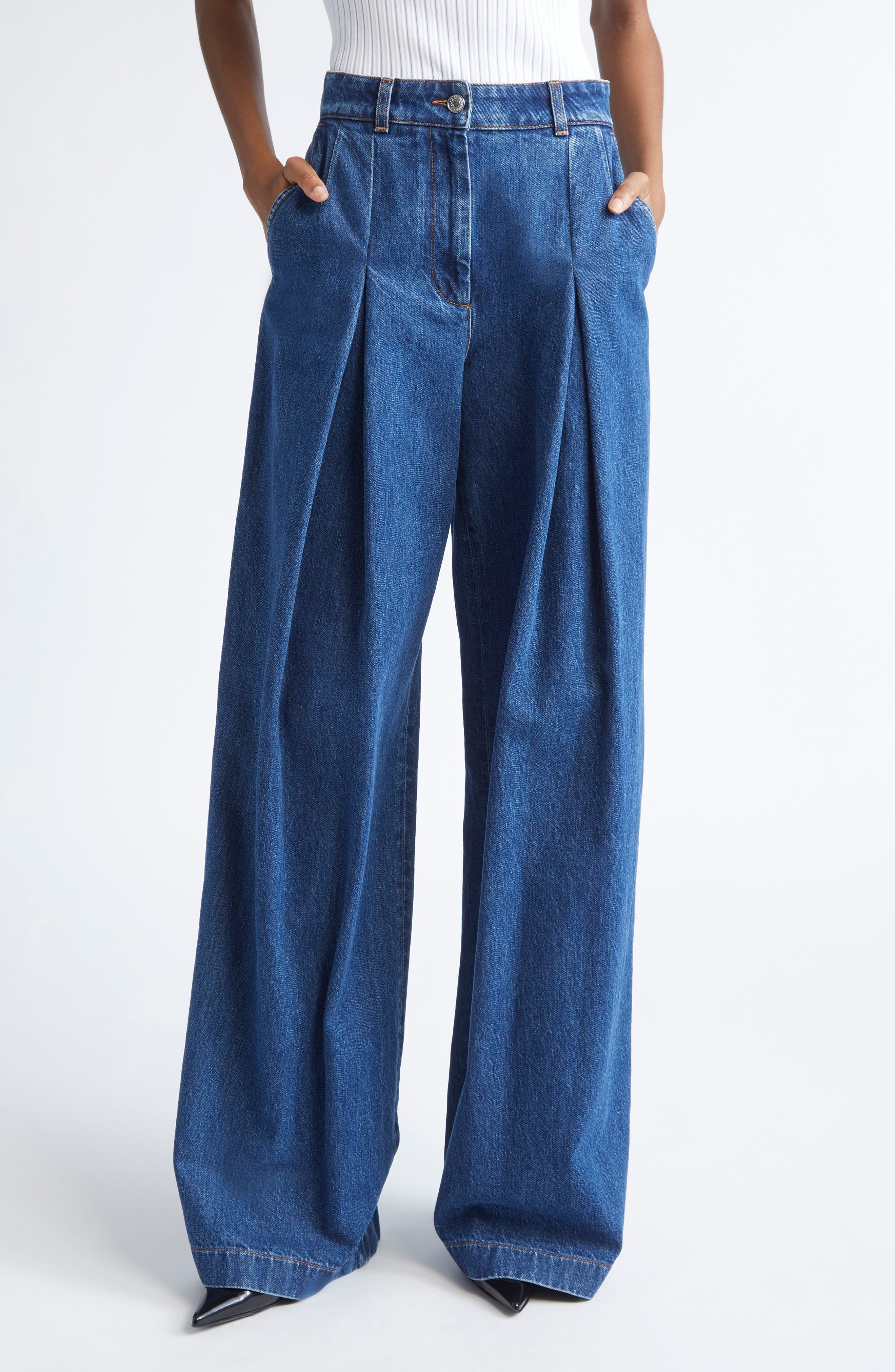Dolce&Gabbana Pleated High Waist Wide Leg Denim Trousers in S9001 Blue at Nordstrom - 1