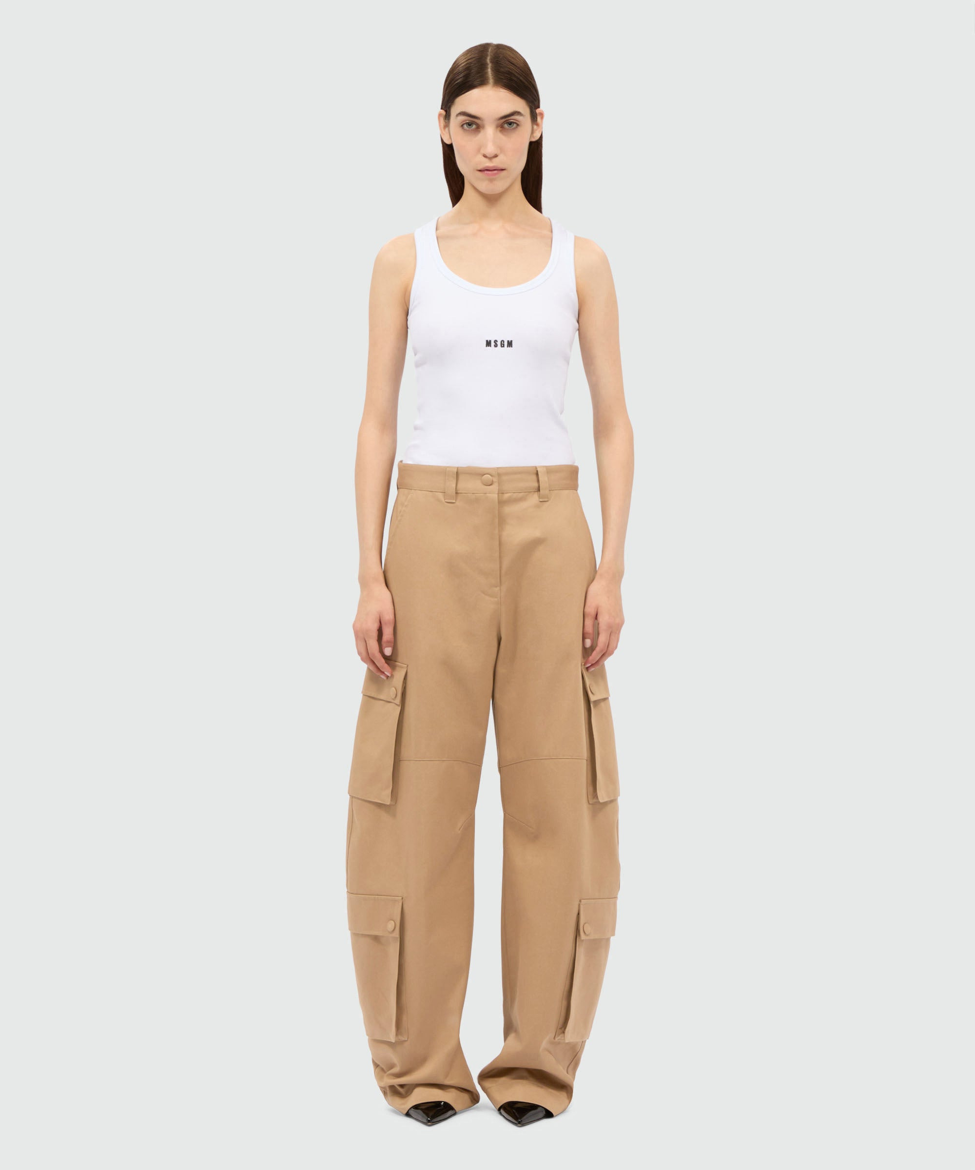 Beige cotton drill cargo trousers - 2