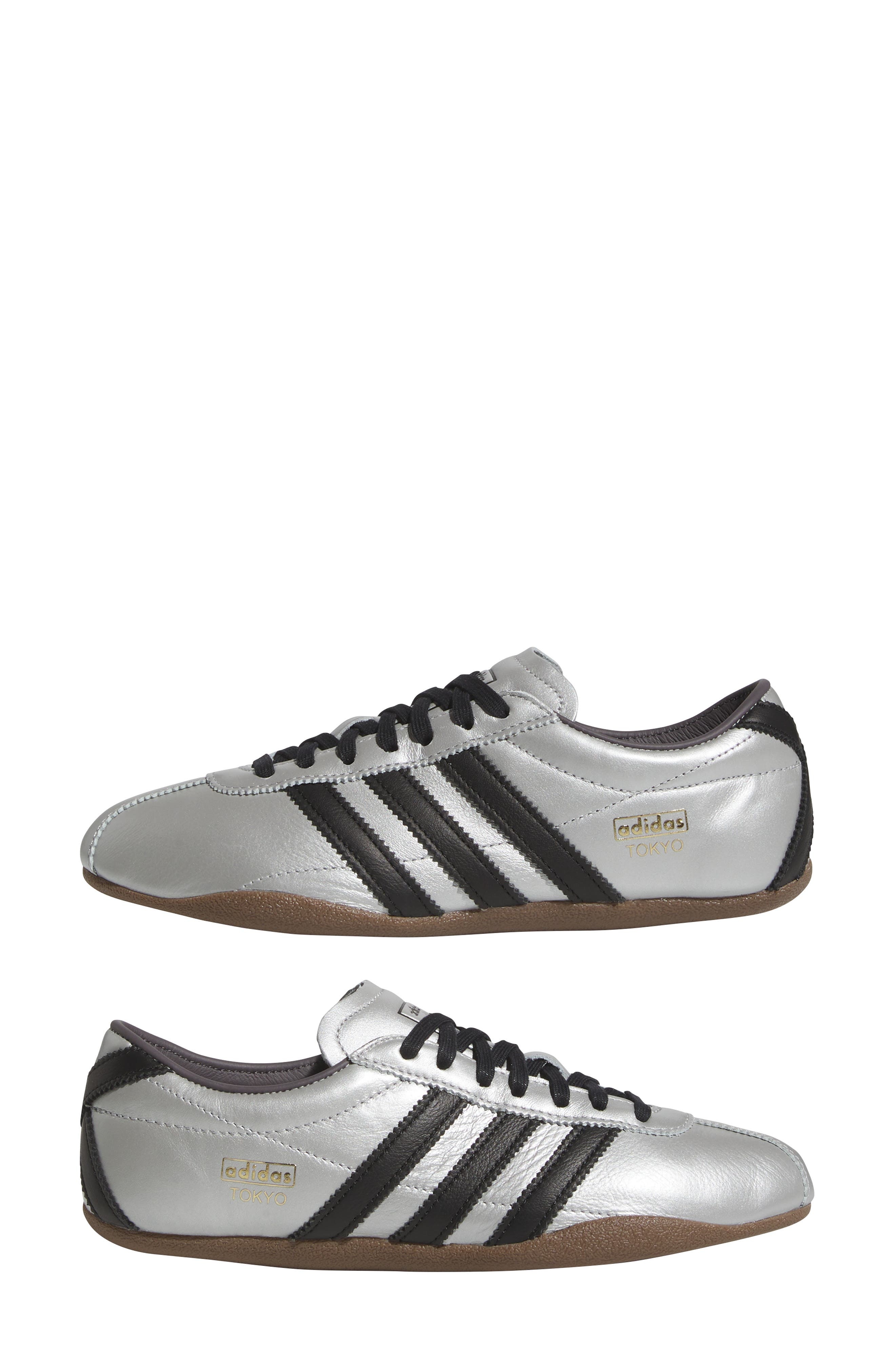 adidas Tokyo Decon Low Top Leather Sneaker in Silver Metallic/Black/Gum at Nordstrom - 9
