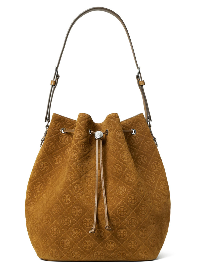 Women's T Monogram Suede Oversized Bucket Bag - Chicory Brown 1