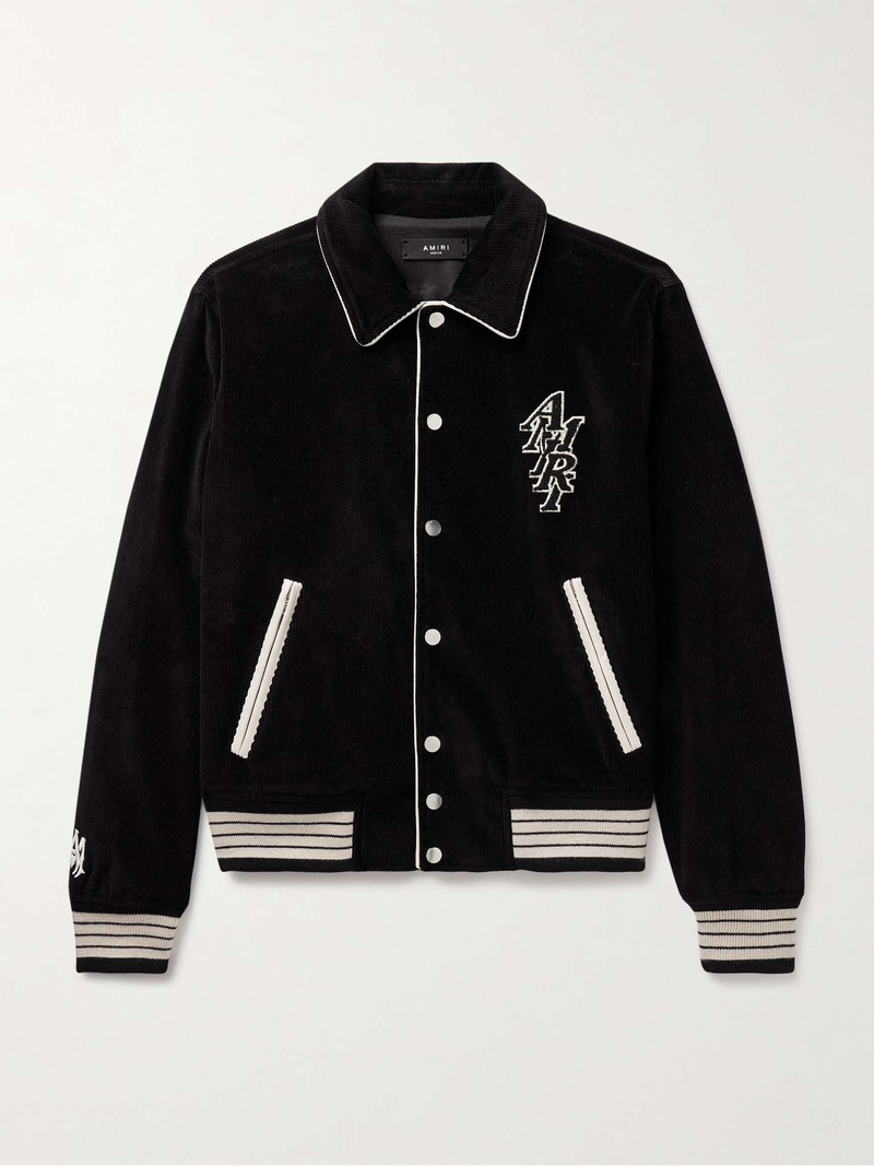 Logo-Appliquéd Leather-Trimmed Cotton-Blend Corduroy Varsity Jacket 1