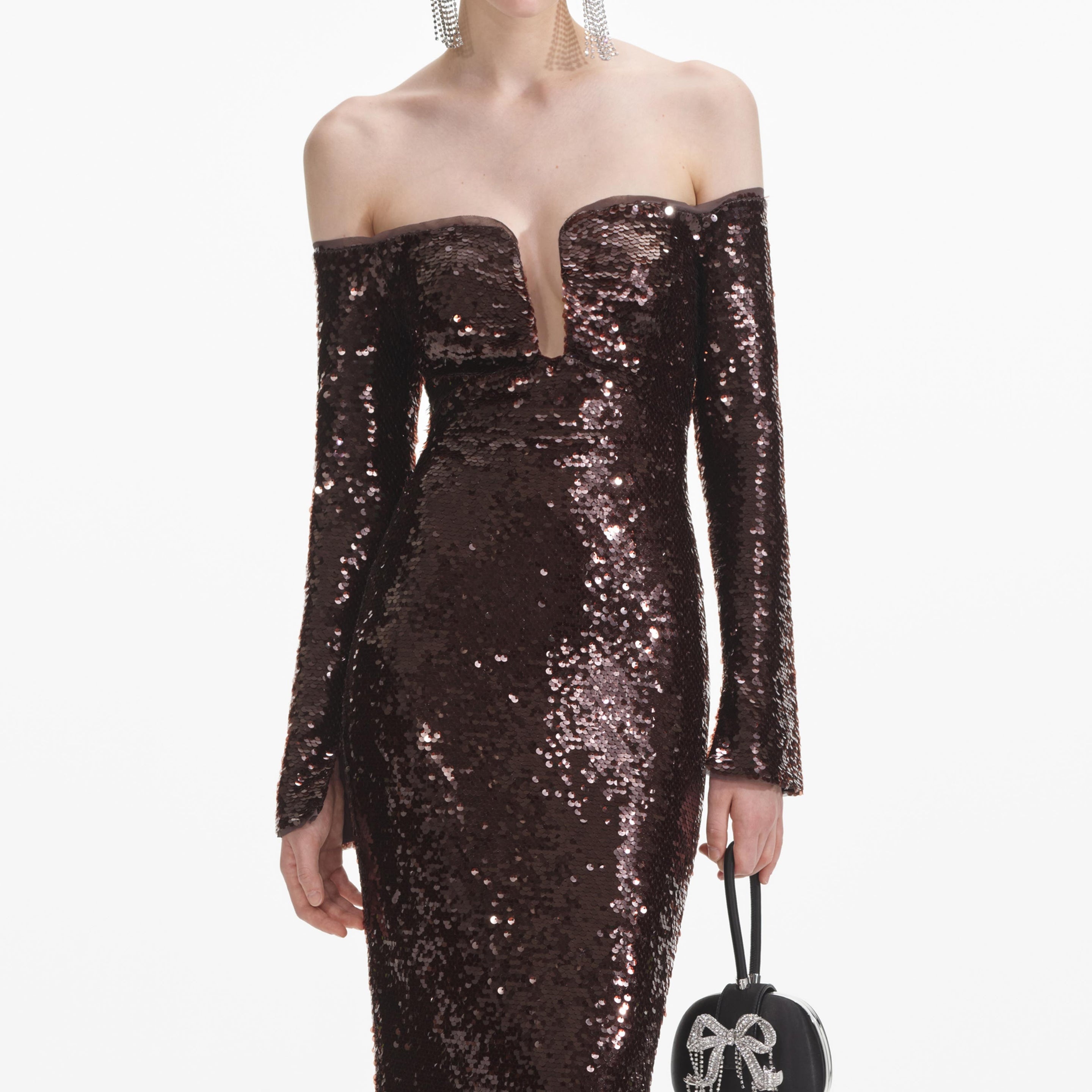 Brown Sequin Off Shoulder Maxi Dress - 4