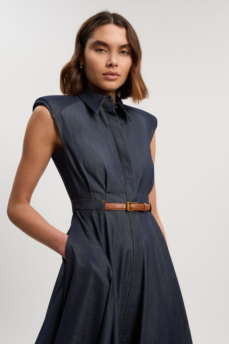 KAREN MILLEN Petite Denim Tailored Belted Collared Full Midi Dress outlook