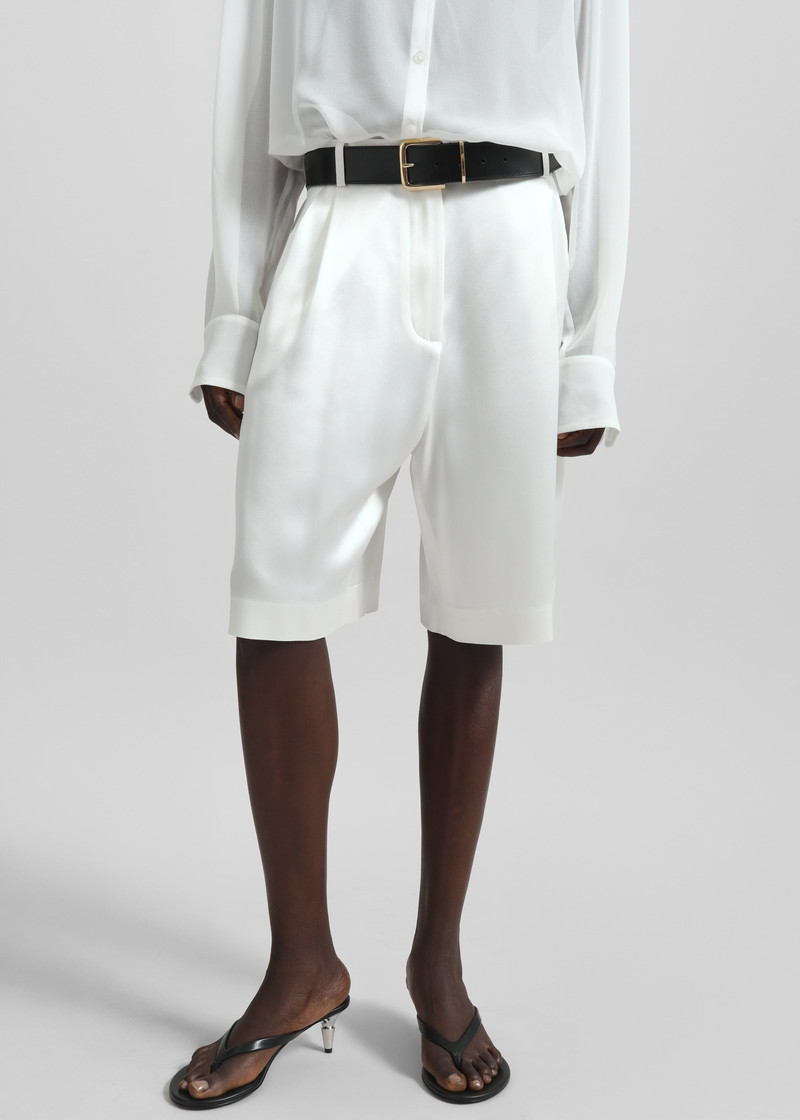 Marfa Pleated Satin Bermuda Shorts - White 1
