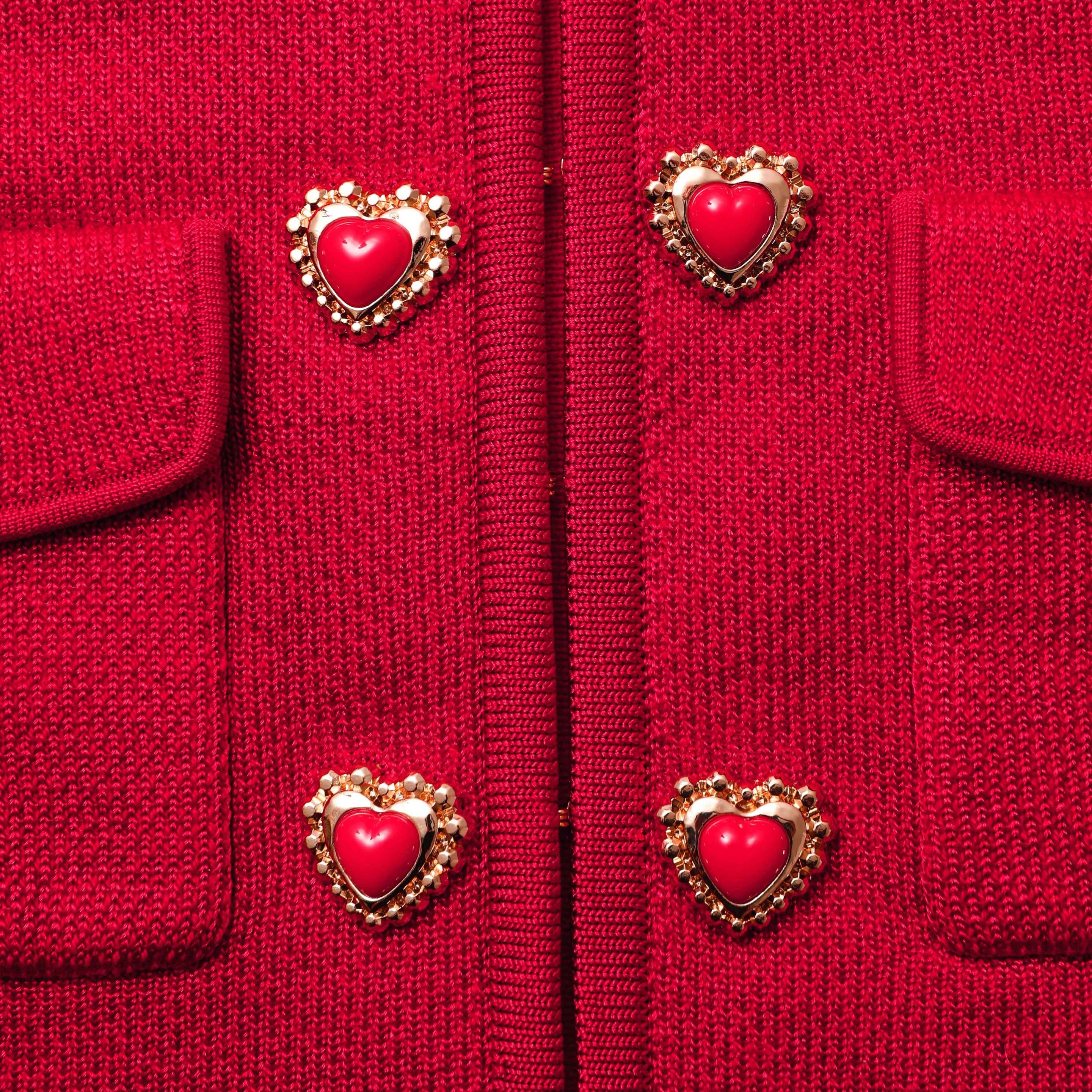 Red Knit Heart Buttoned Cardigan - 5