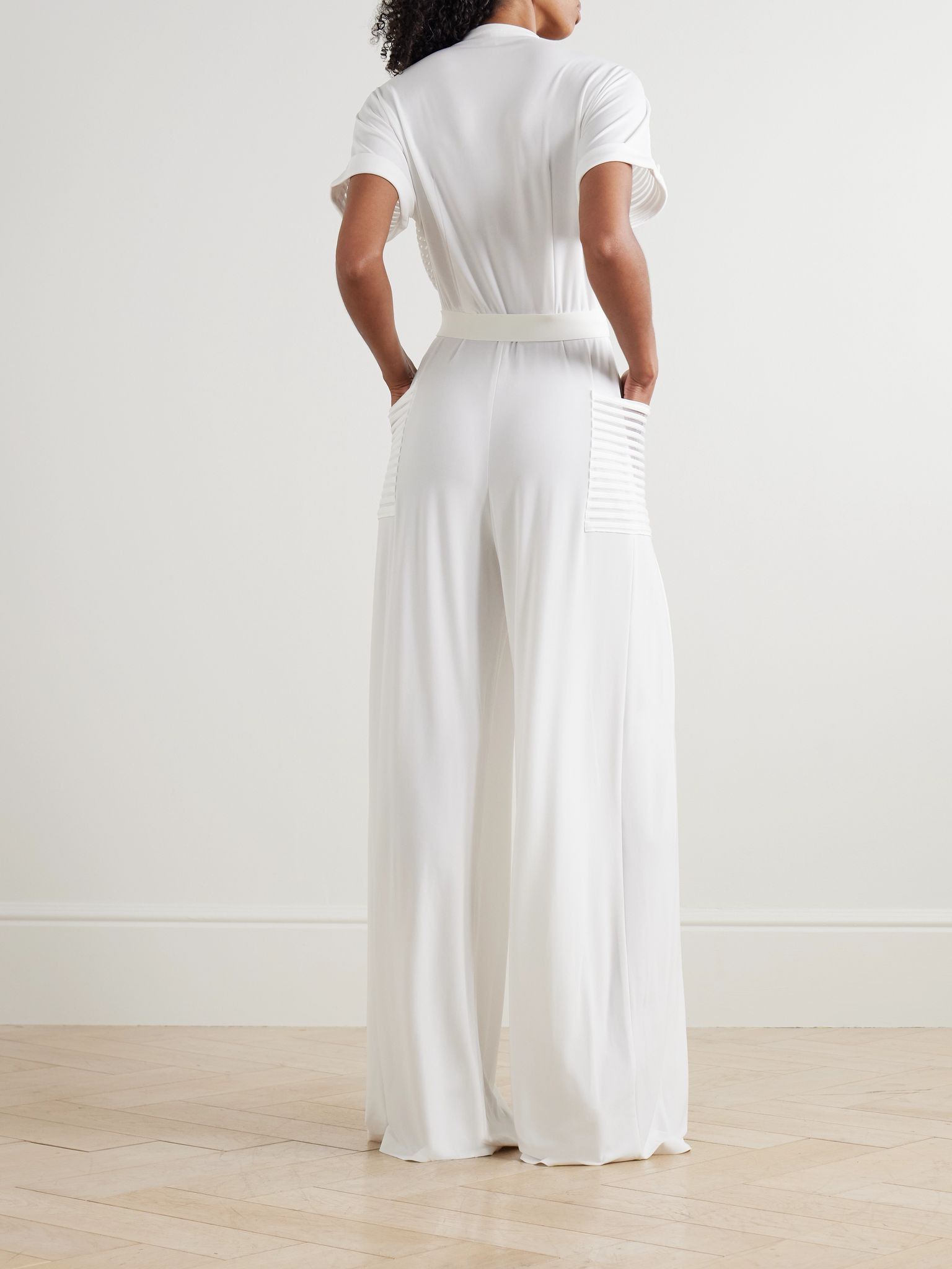 Geralyn belted paneled jersey and mesh jumpsuit White - 3