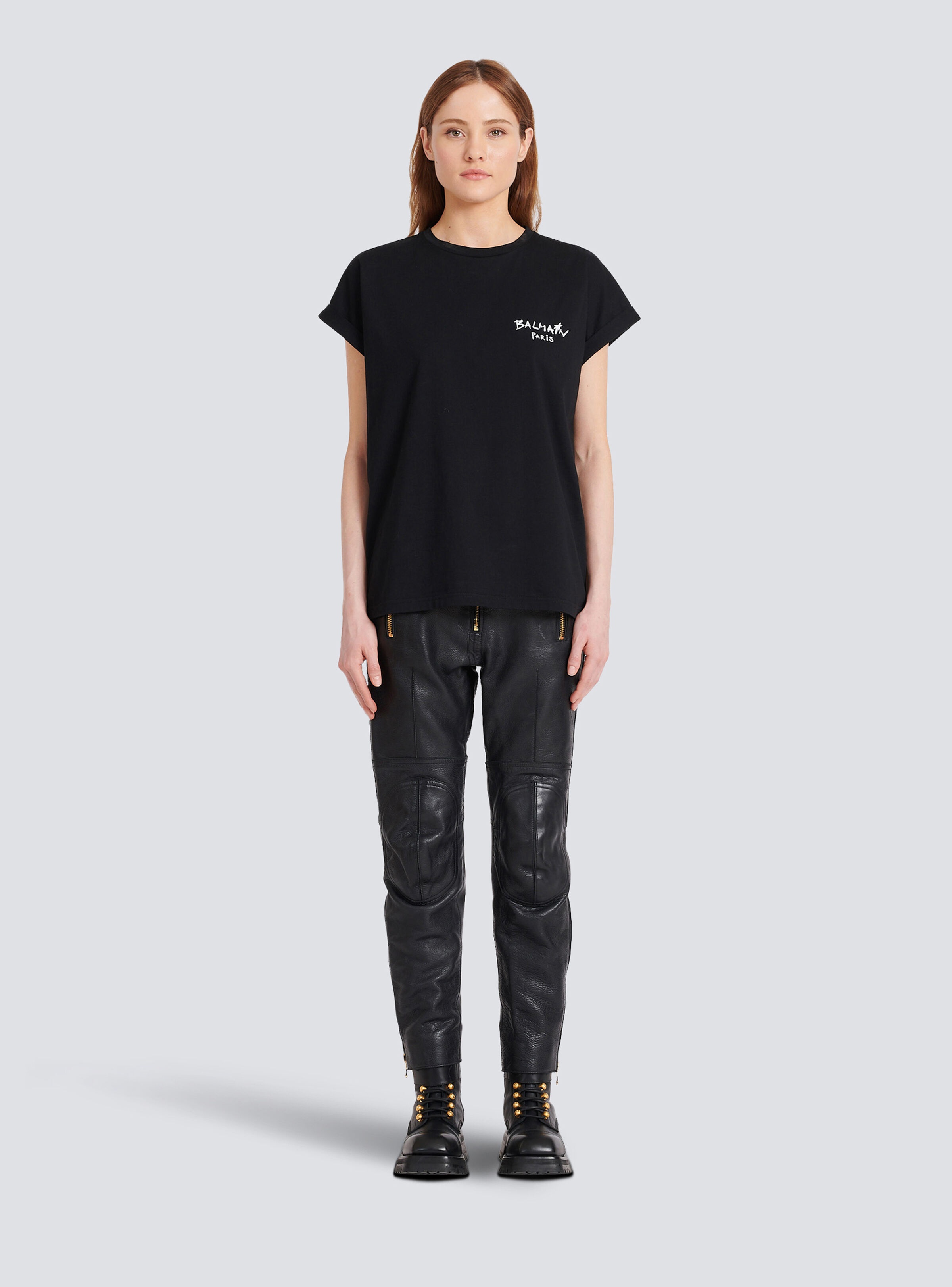 Cotton T-shirt with small flocked graffiti Balmain logo - 4