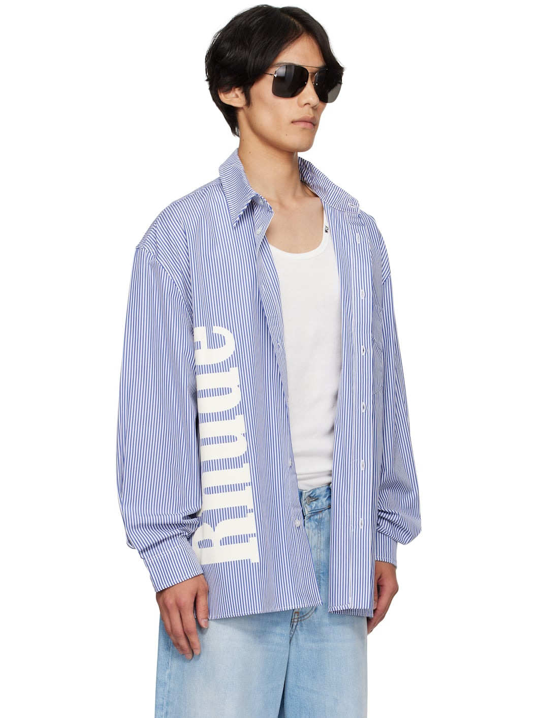 Blue & White 'Rhude' Side Logo LS Shirt - 2