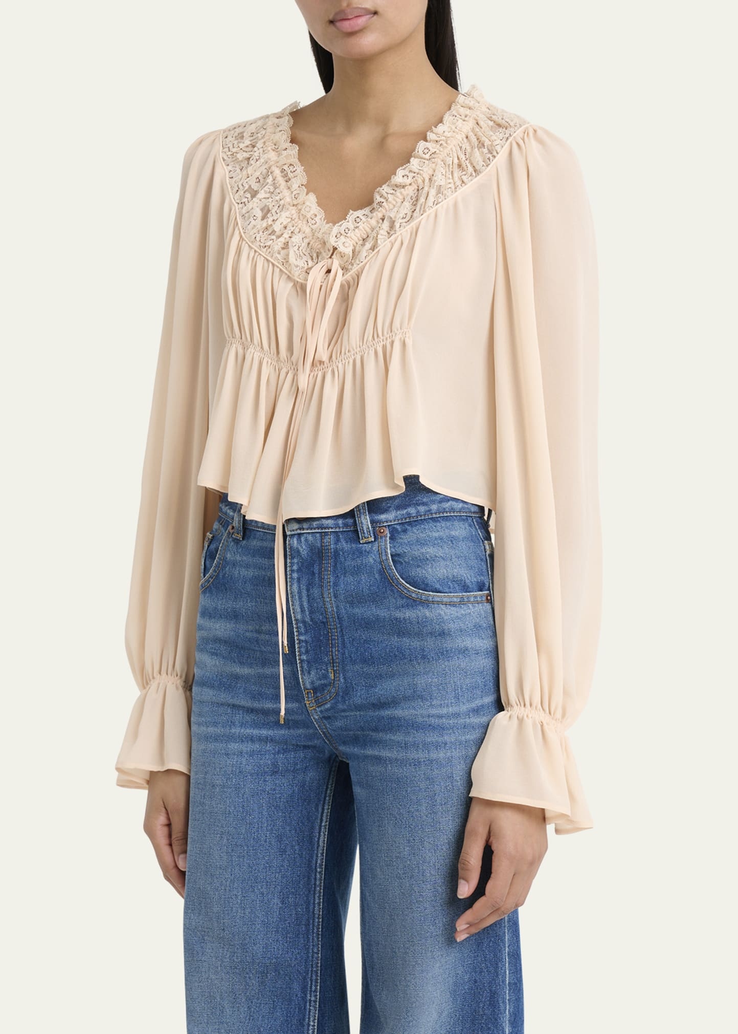 Ruched Lace Silk Peasant Blouse - 4
