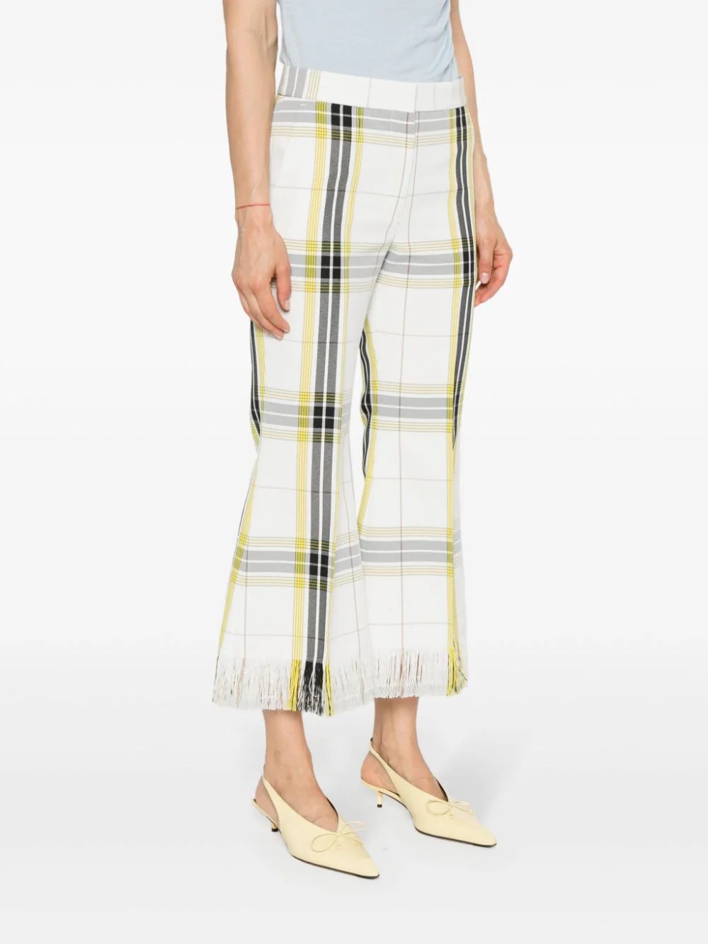 White Yellow Checkered Cropped Pants - 3