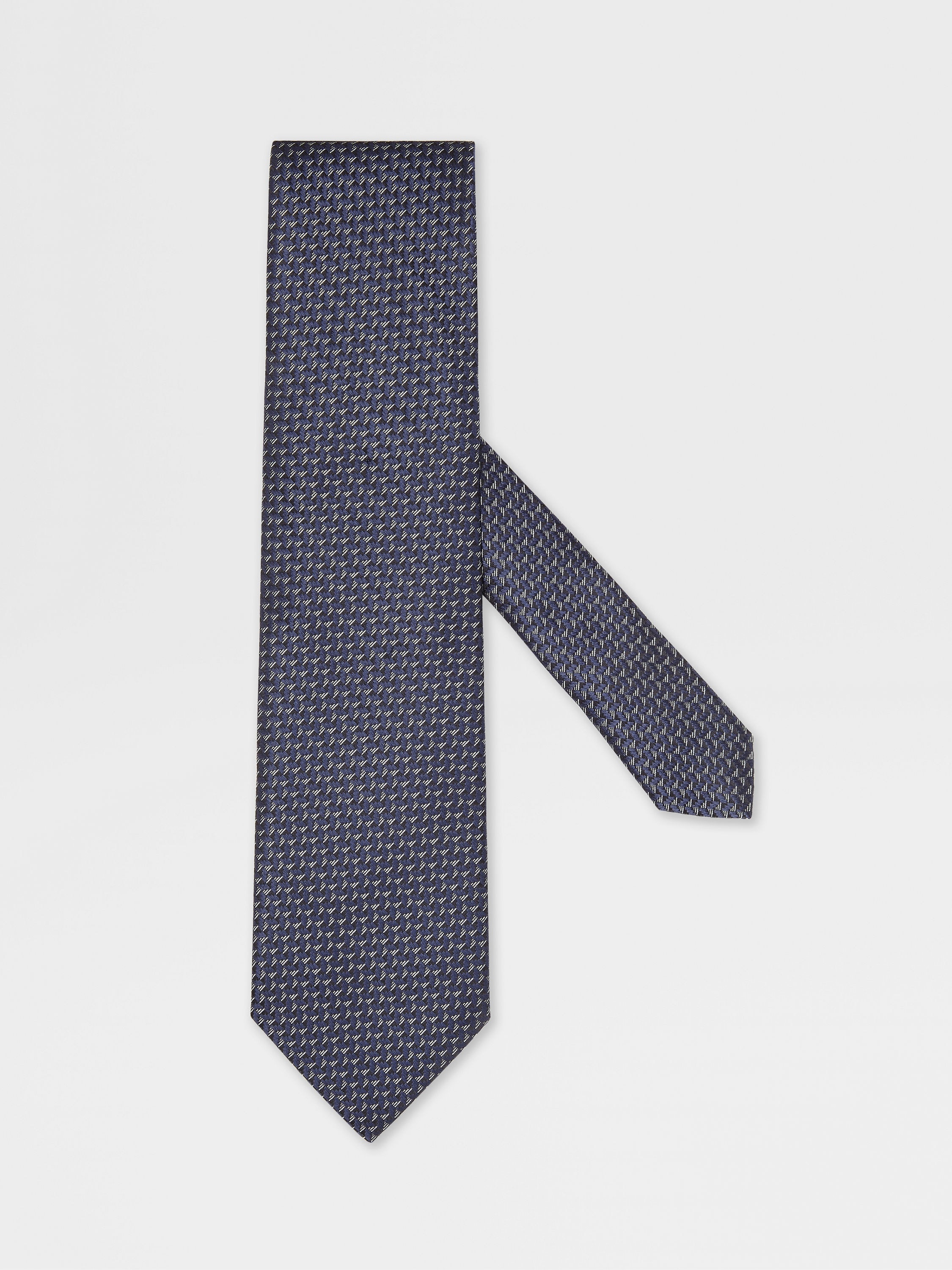 DARK BLUE JACQUARD SILK TIE - 1
