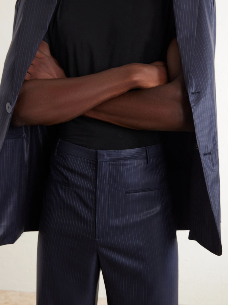 Straight-Leg Pinstriped Coated Stretch-Wool Trousers Navy 5