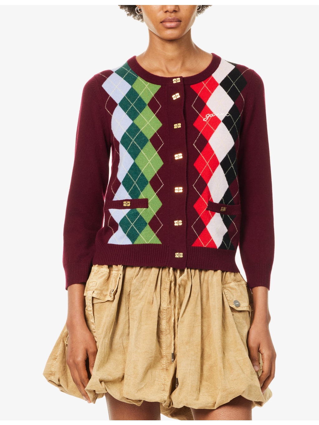 Rhombus-Print Round-Neck Wool And Cashmere Cardigan - 3