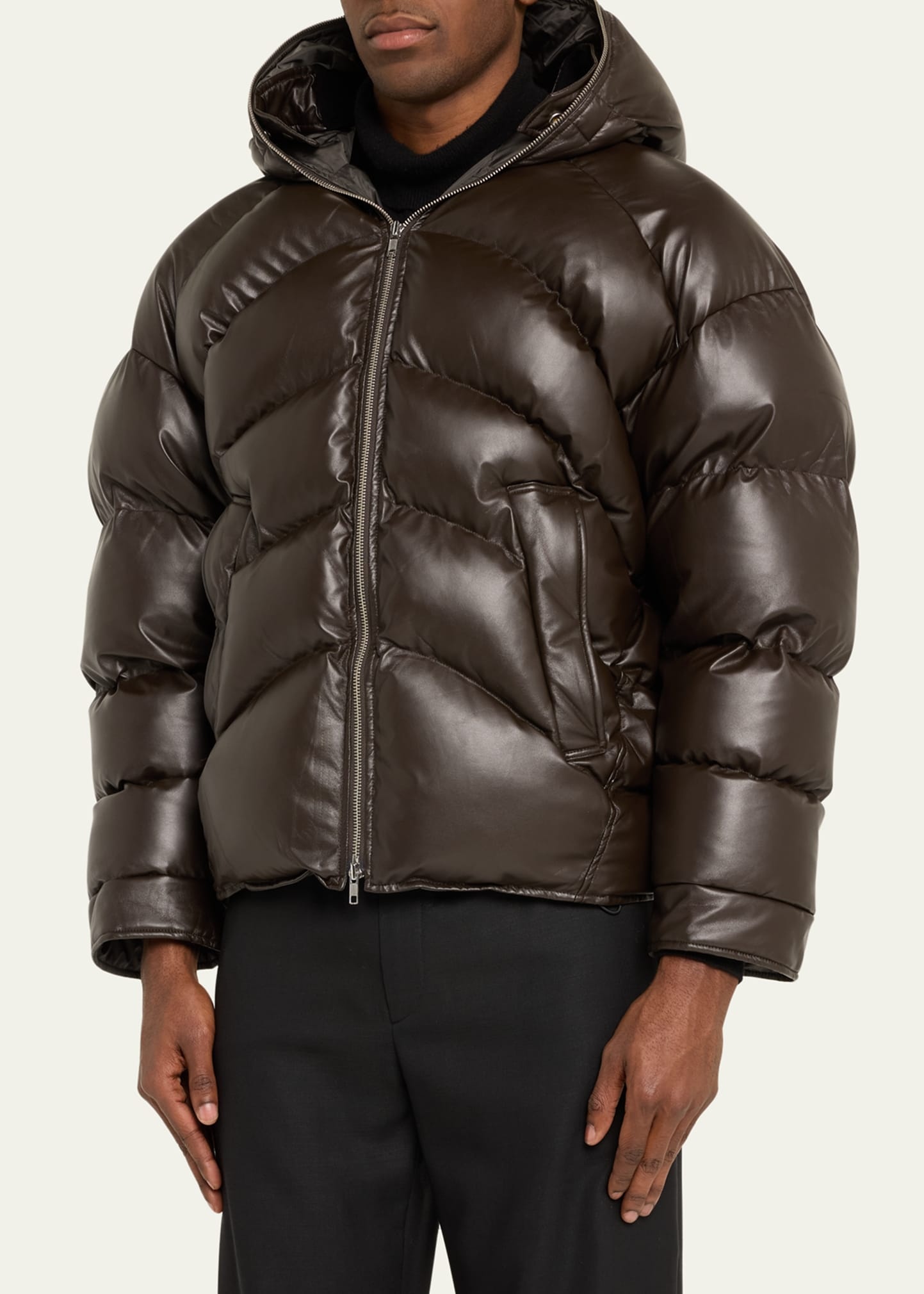 Men's Hooded Faux-Leather Puffer Jacket - 4