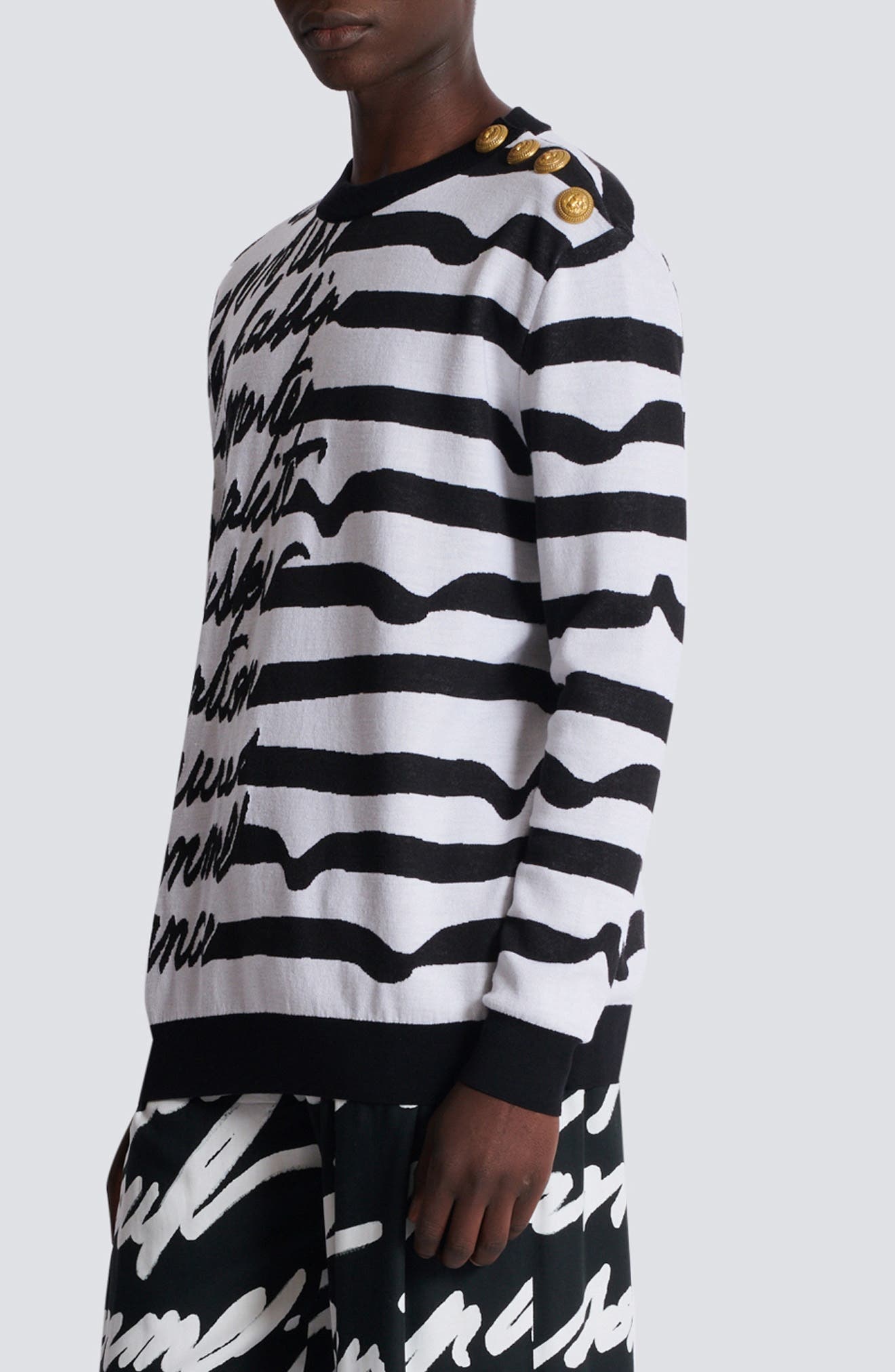 Balmain Love Letter Marinière Stripe Merino Wool Sweater in White/Black at Nordstrom - 3