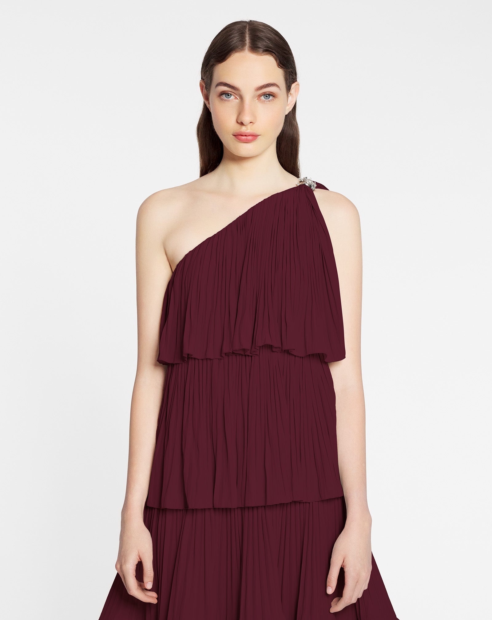 ASYMETRIC 3 LAYER DRESS WITH RUFFLES IN CHARMEUSE - 3