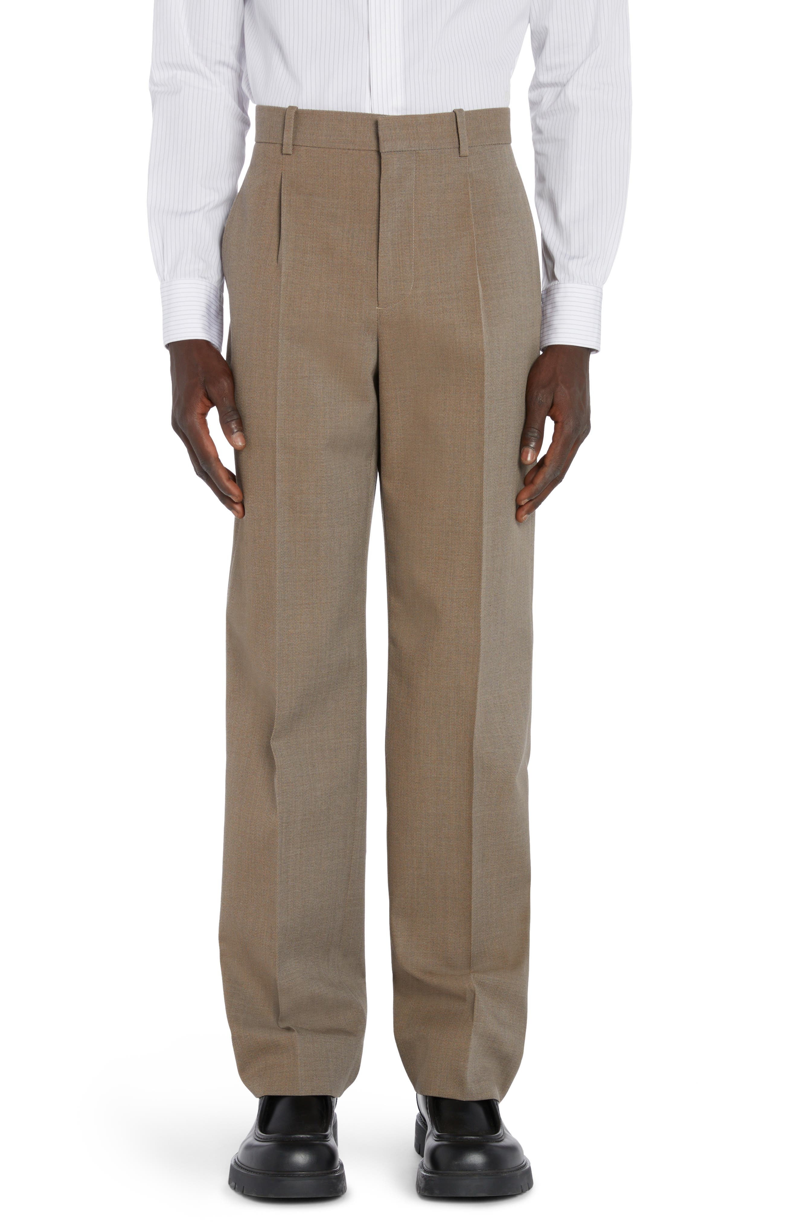 Bottega Veneta Pleated Multicolor Wool Twill Dress Pants in Grey/Ochre Melange at Nordstrom - 1