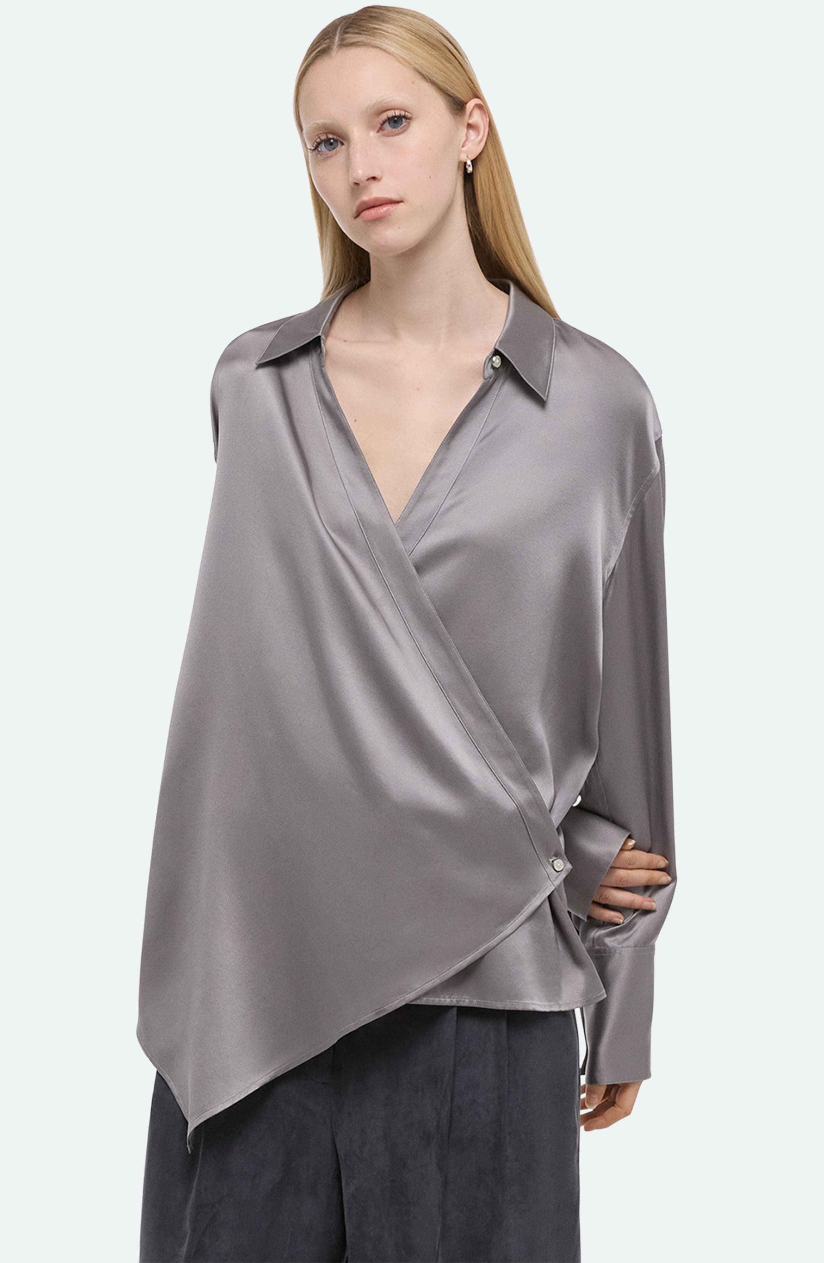 Helmut Lang Wrap Front Silk Shirt in Steel at Nordstrom - 2