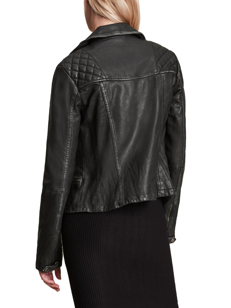 Women's Cargo Leather Biker Jacket - Black Grey 5