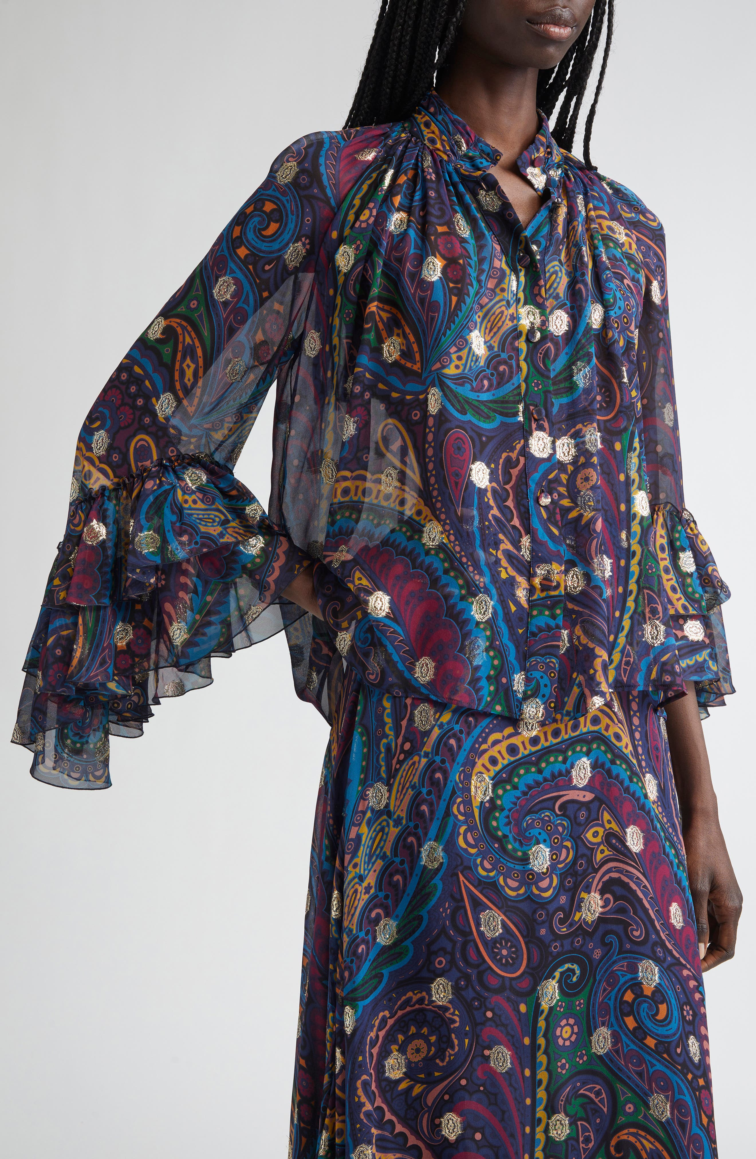 Etro Metallic Paisley Silk Shirt in Stampa F.do Blu at Nordstrom - 5