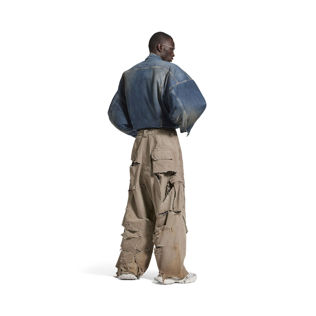 Men's Distressed Large Cargo Pants in Dark Beige - 4