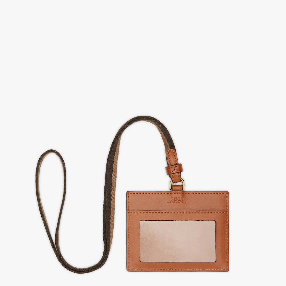 Fendi Roma name badge with a slot and Pequin ribbon strap. Made of brown leather. Embellished with F - 2