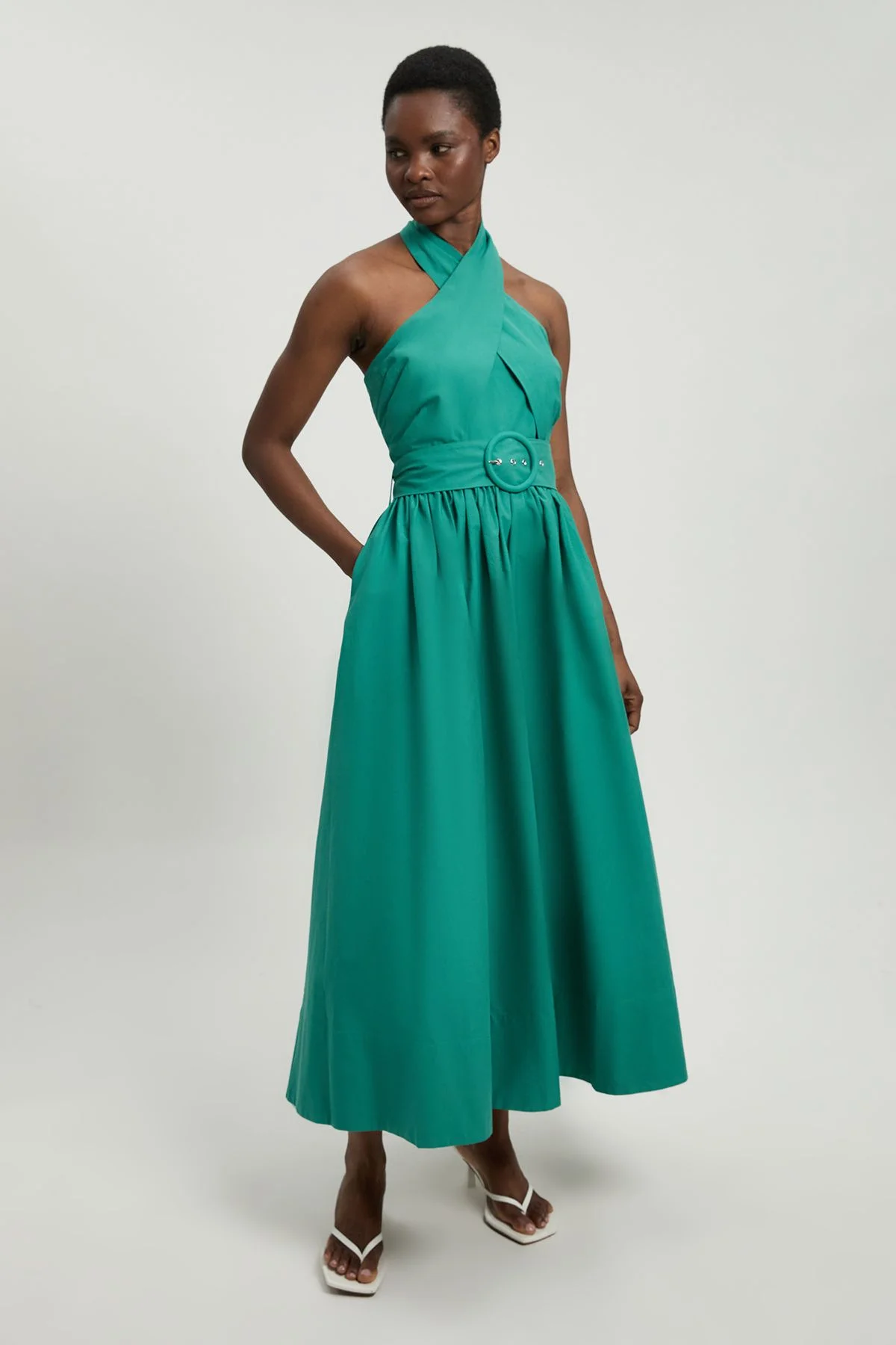 Cotton Poplin Cross Over Halter Neck Woven Midi Dress - 1